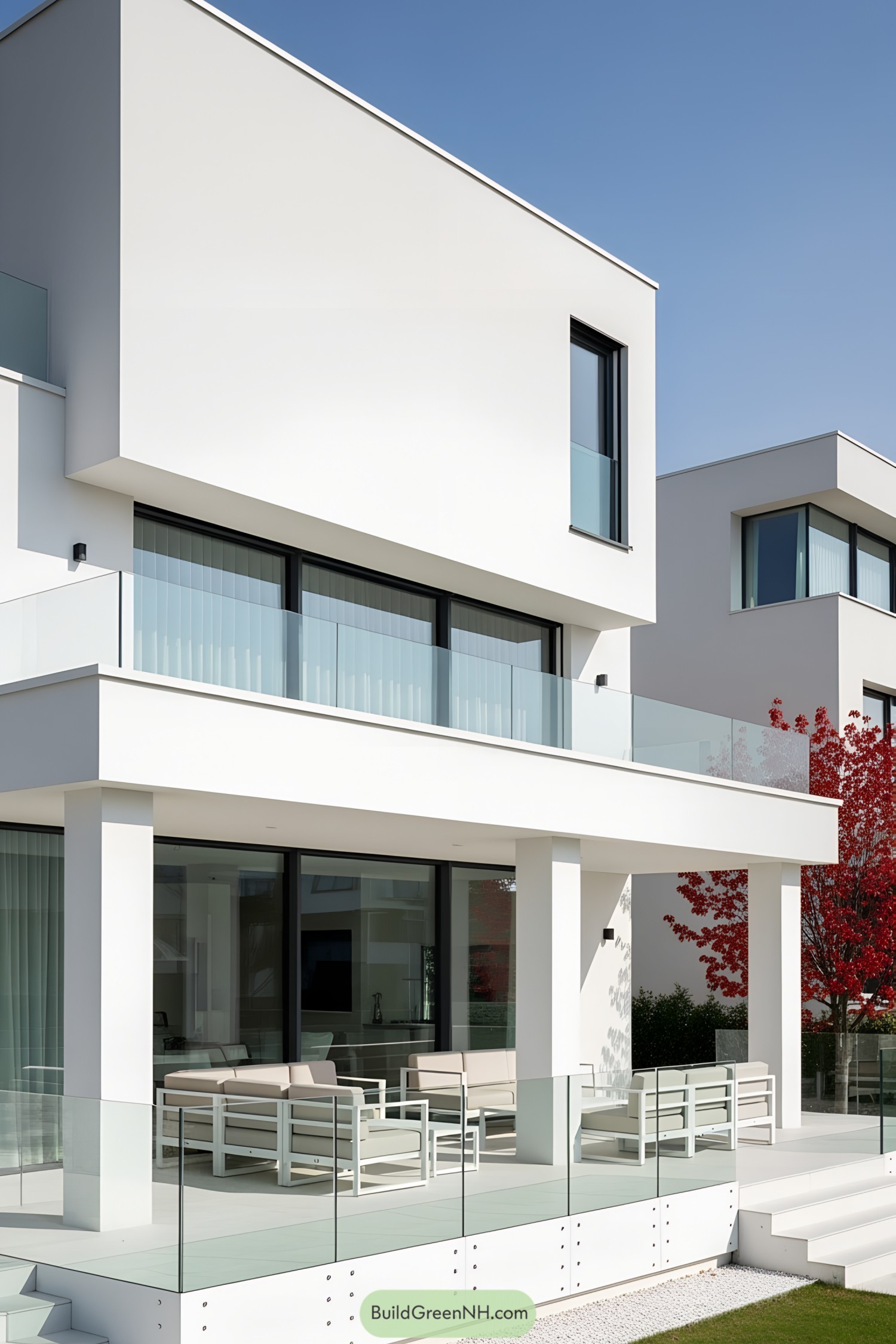 Contemporary house with white terraces and glass railings