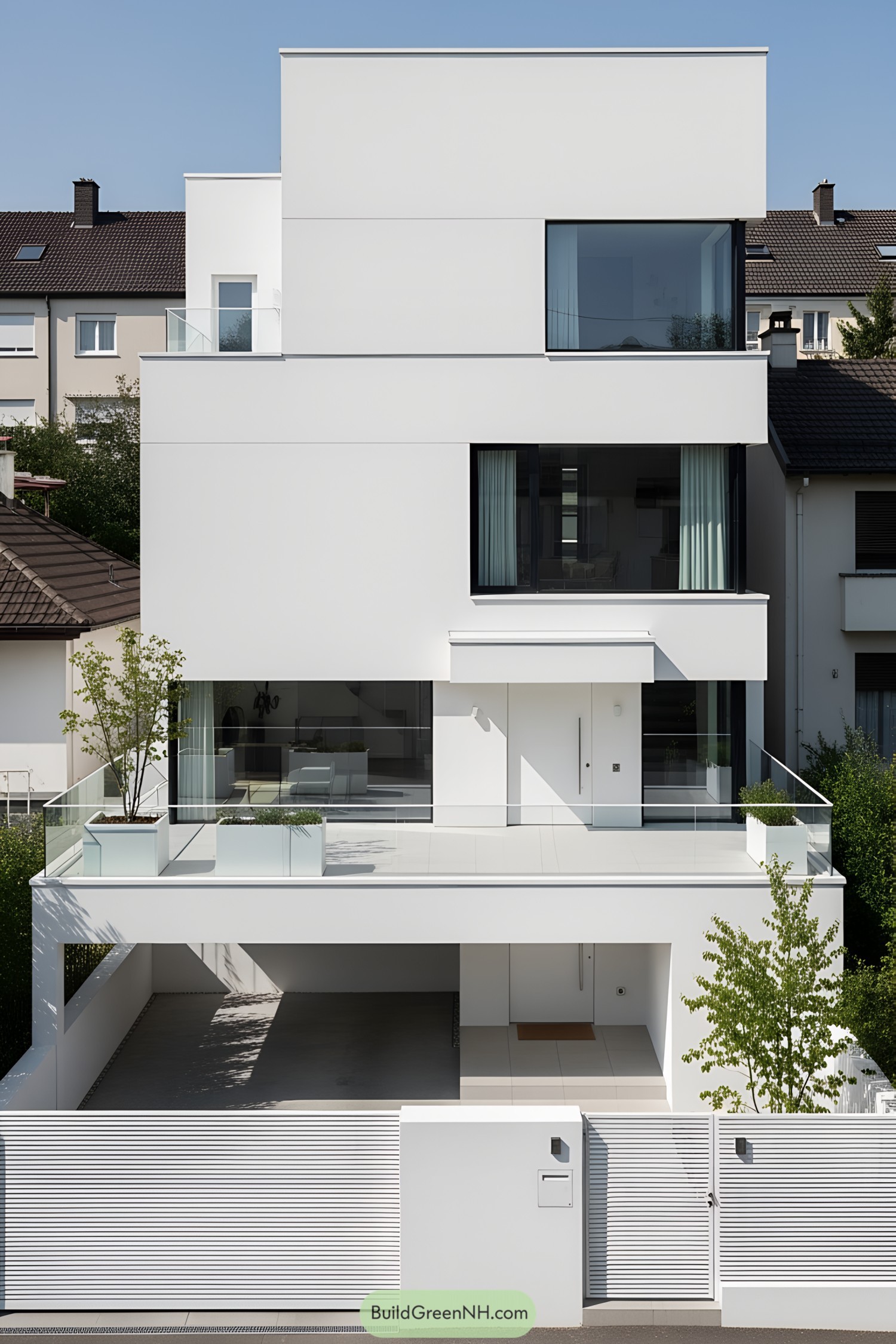 Modern house with sleek white design and terraces