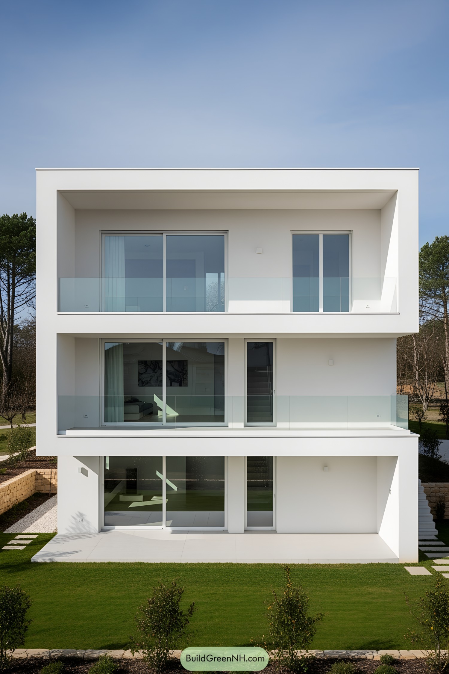 White modern house with glass railings