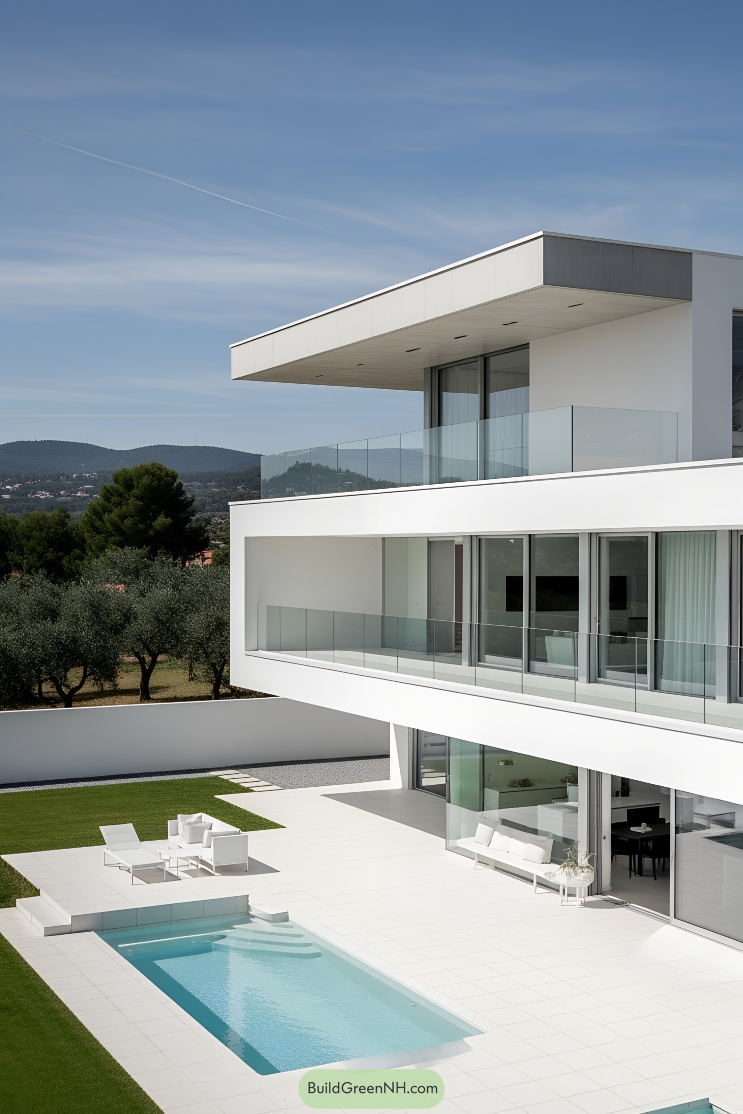 Modern white house with terraces and pool
