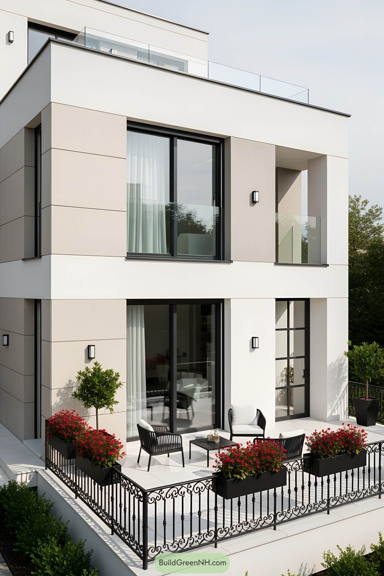 Modern house with a white terrace and stylish railing