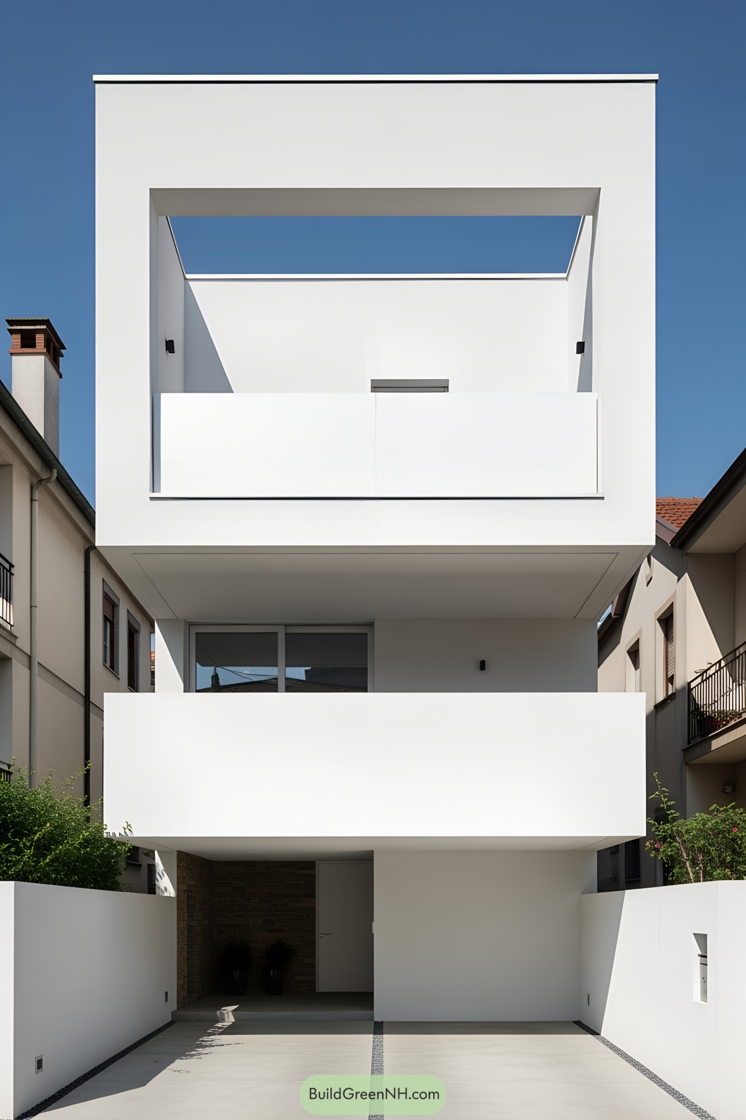 Modern house with geometric white terraces