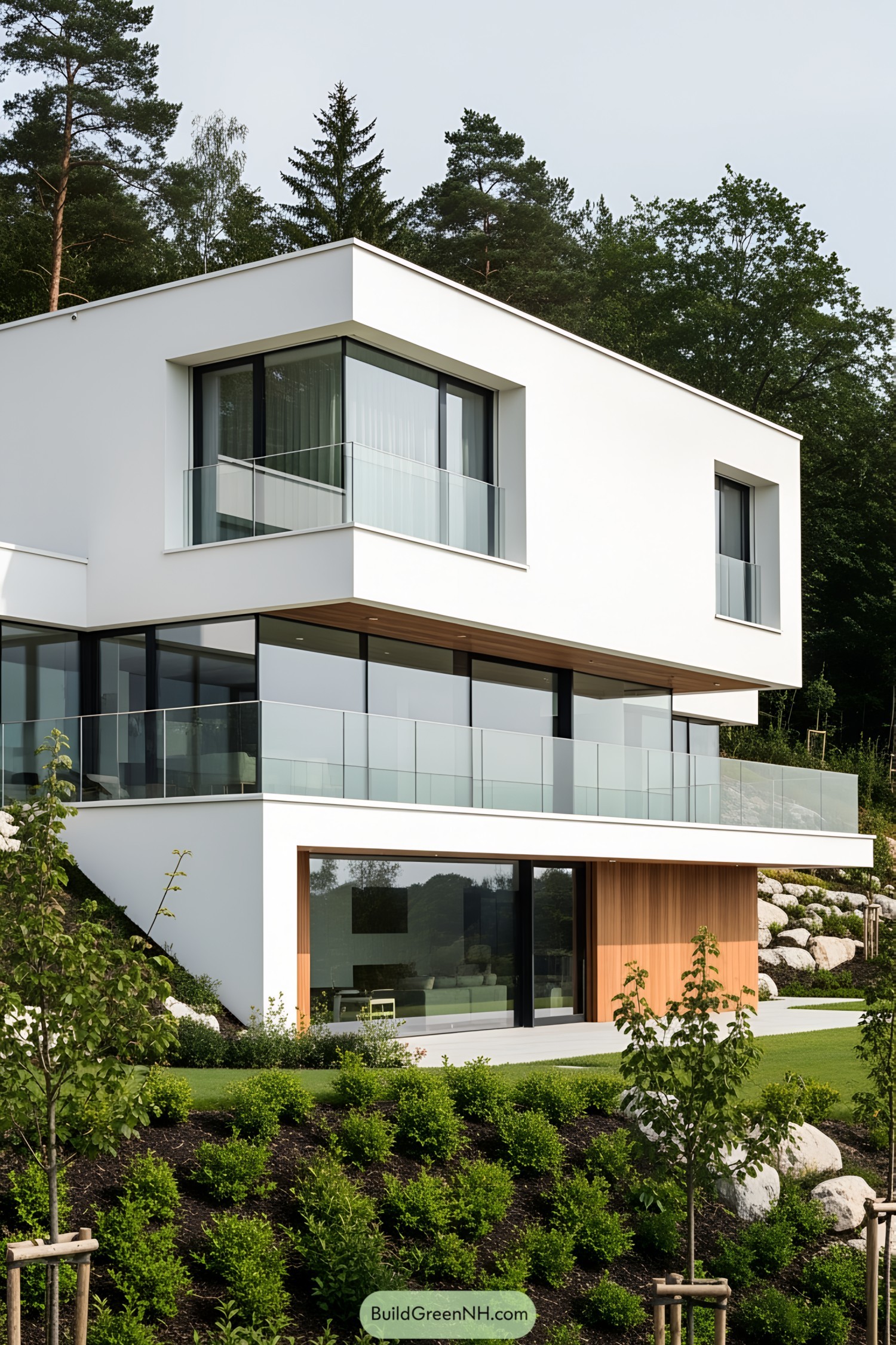 Sleek modern home with pristine white terraces