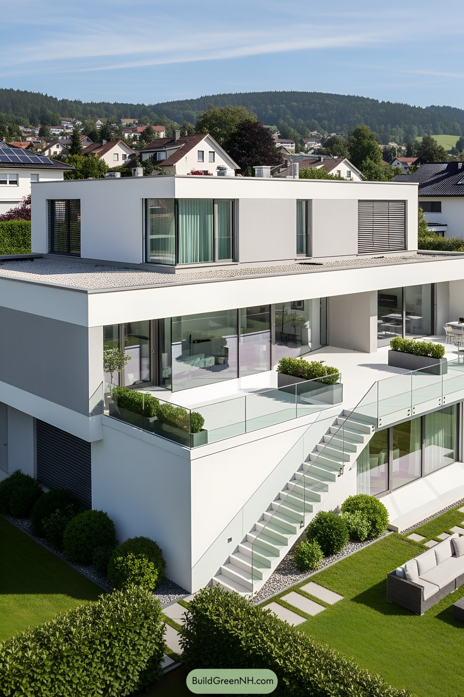 A modern house with sleek white terraces and glass railings