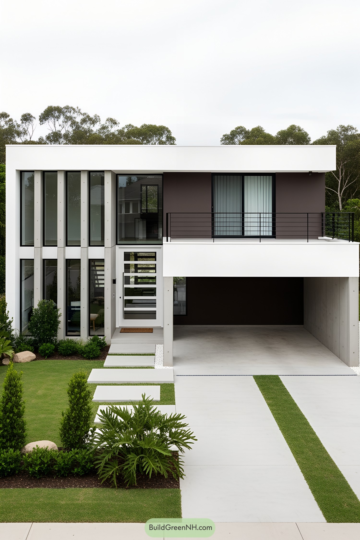 Two-story modern house with white terraces and large windows