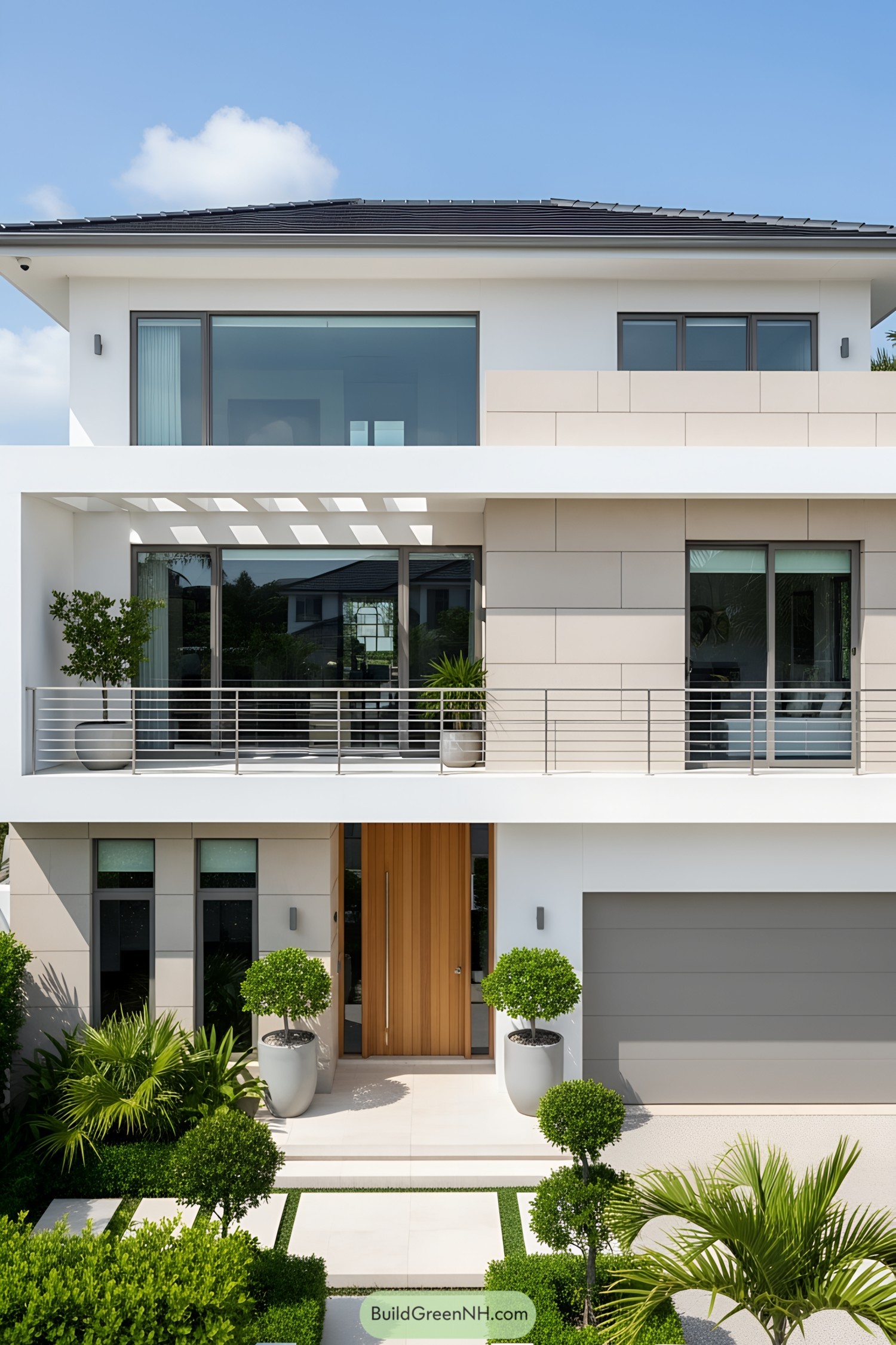 A sleek modern home with white terraces and lush greenery