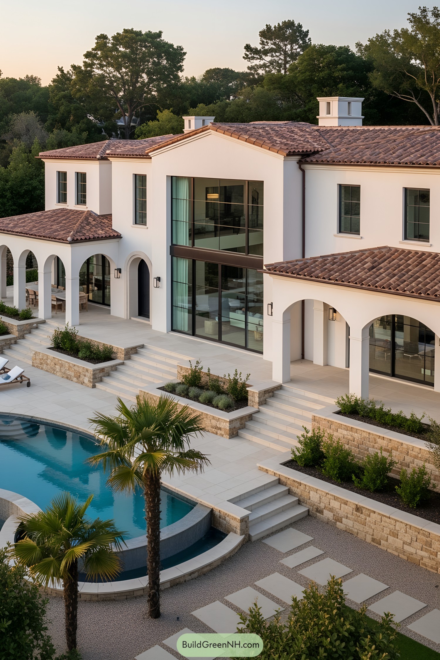 Modern Mediterranean house with arched terraces and pool