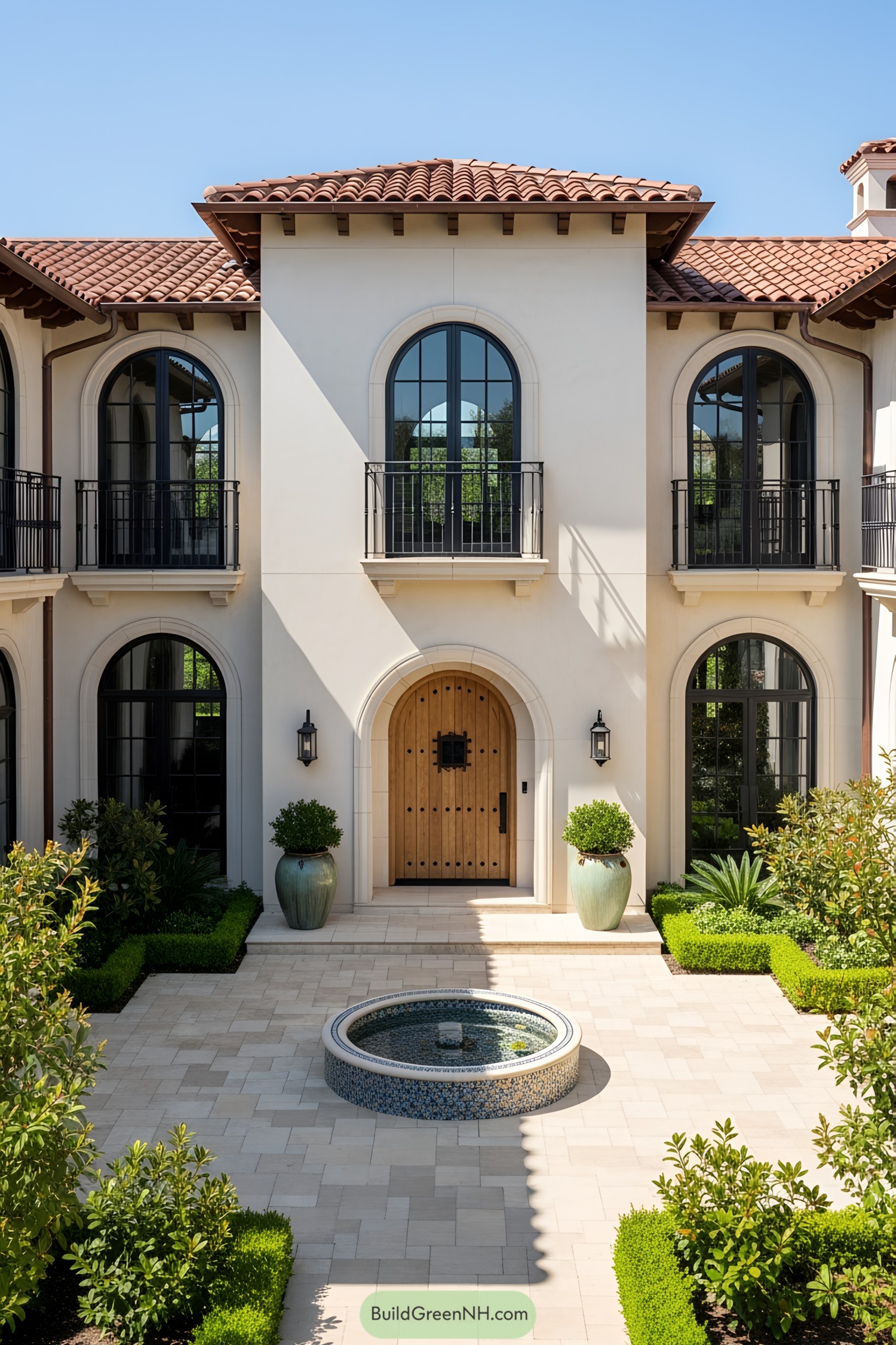 Modern Mediterranean house with courtyard, fountain, and large potted plants