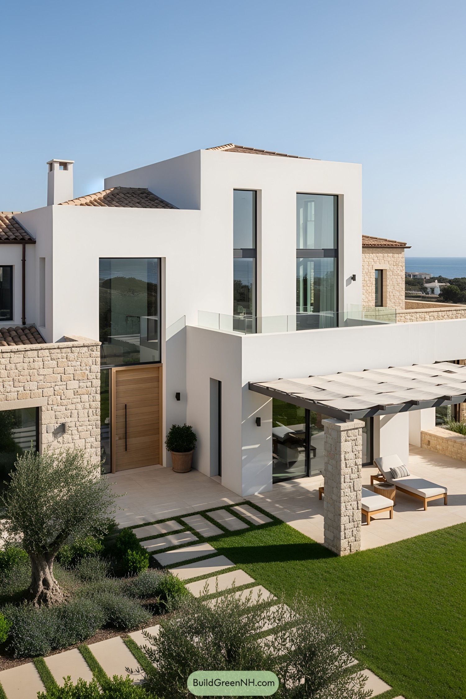 Modern Mediterranean house with stone and white stucco exterior, sleek glass windows, and a lush green lawn