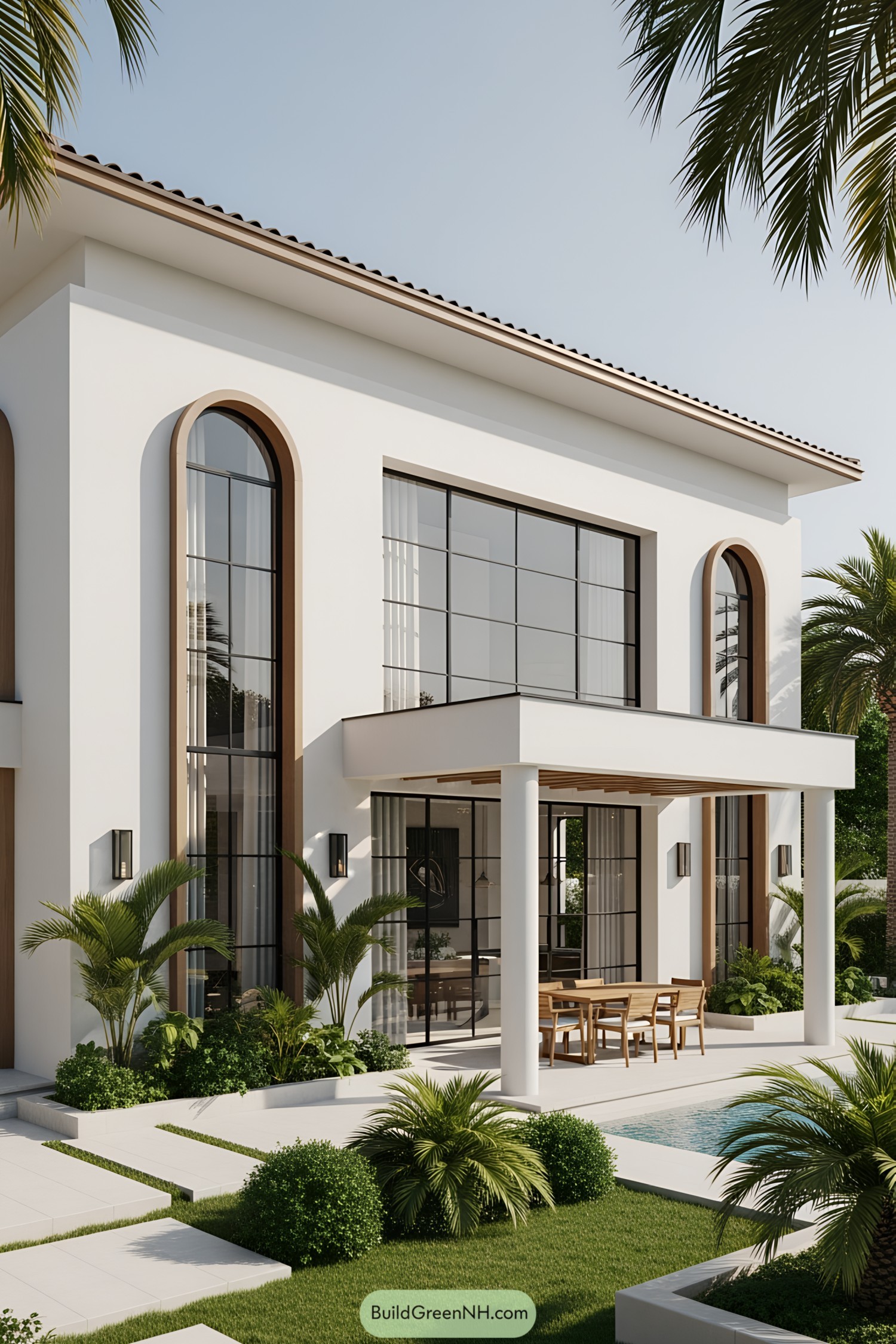 Contemporary Mediterranean-style home with large windows and lush greenery