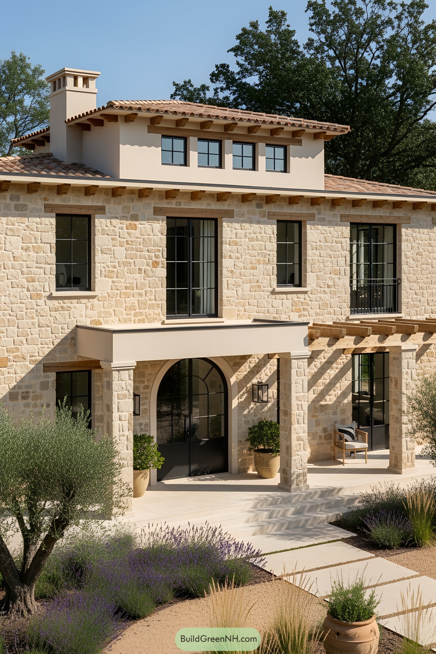 Mediterranean-style house with stone facade and lush landscaping
