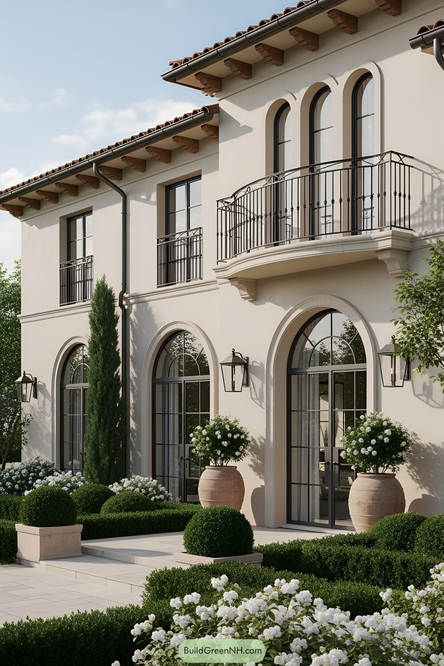 Modern Mediterranean house with clay roof, arched windows, and lush garden