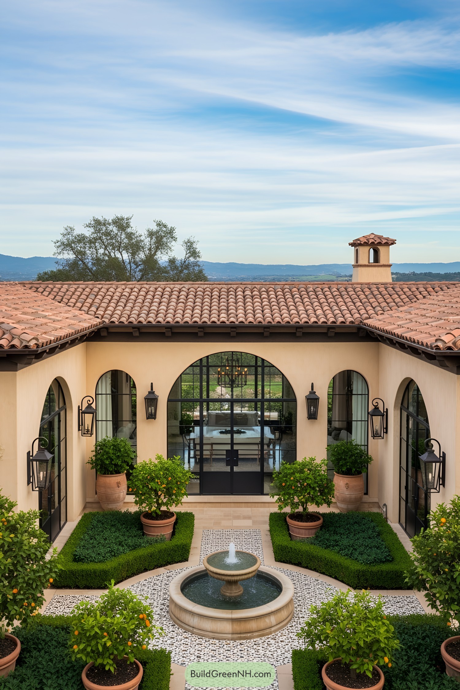 Charming courtyard with fountain and greenery