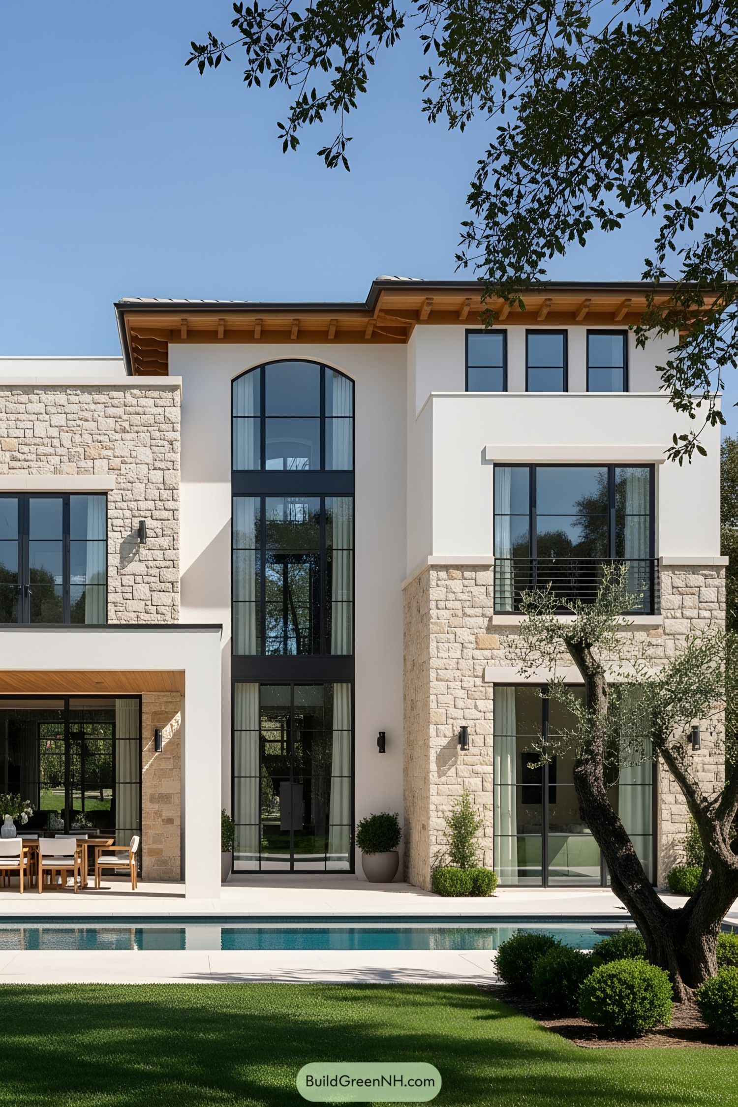 Modern home with stone accents and large windows