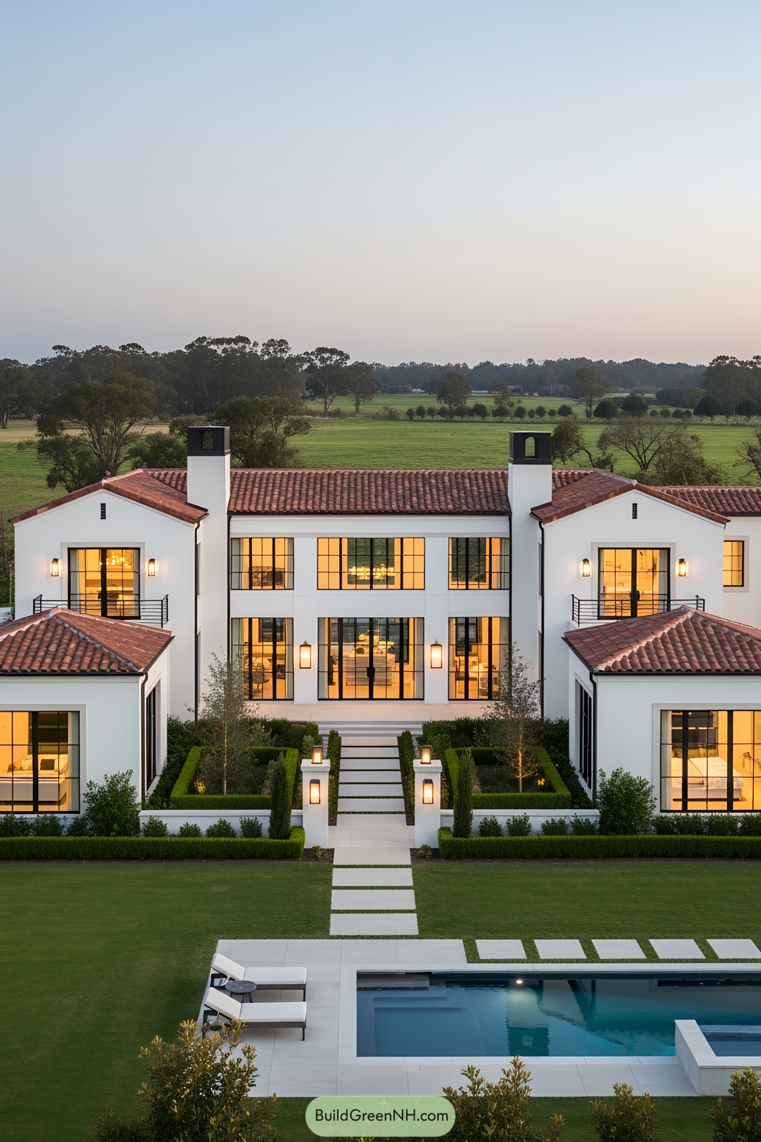 Modern Mediterranean house with red-tiled roof and lush gardens