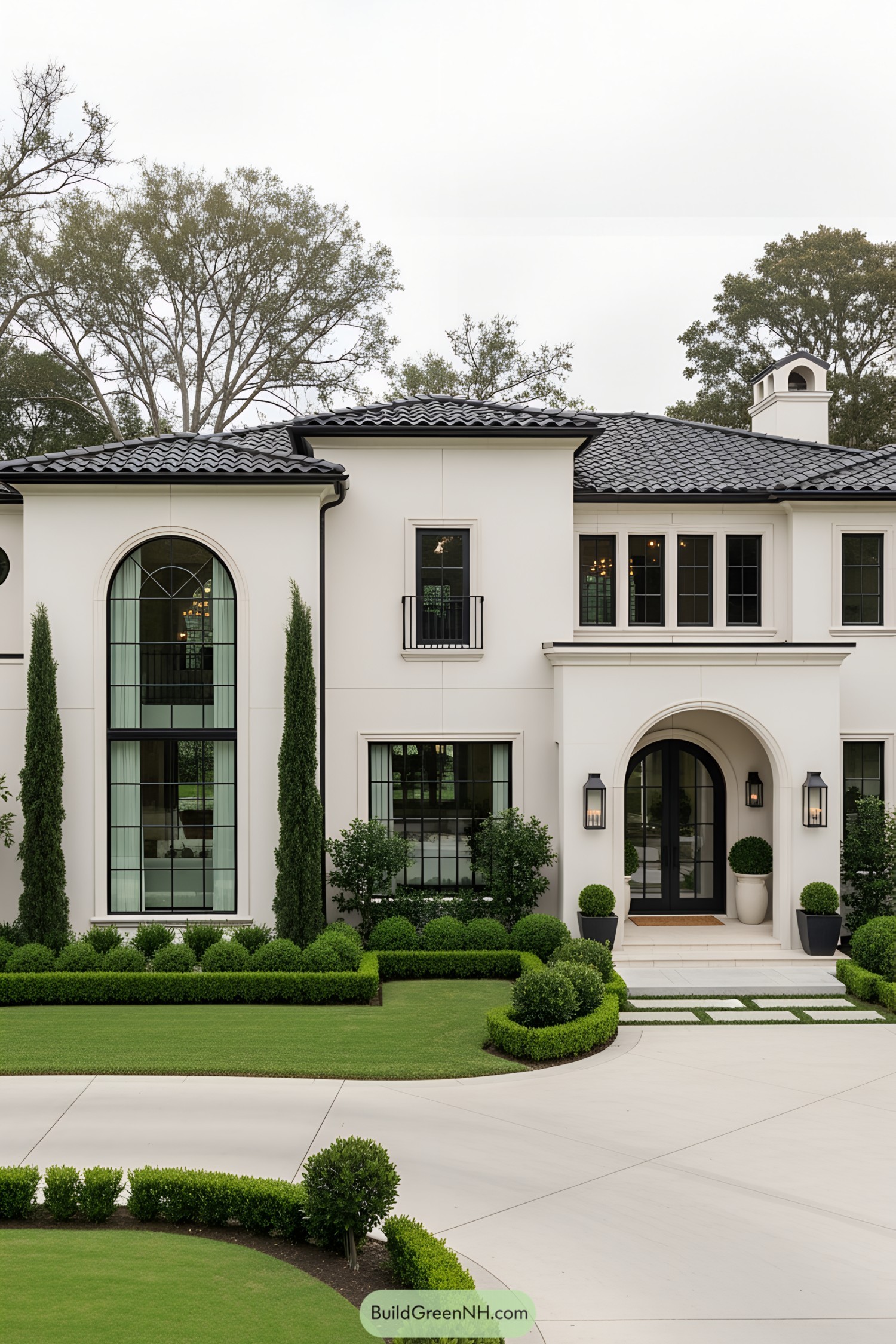 Modern Mediterranean house with arched windows and lush landscaping