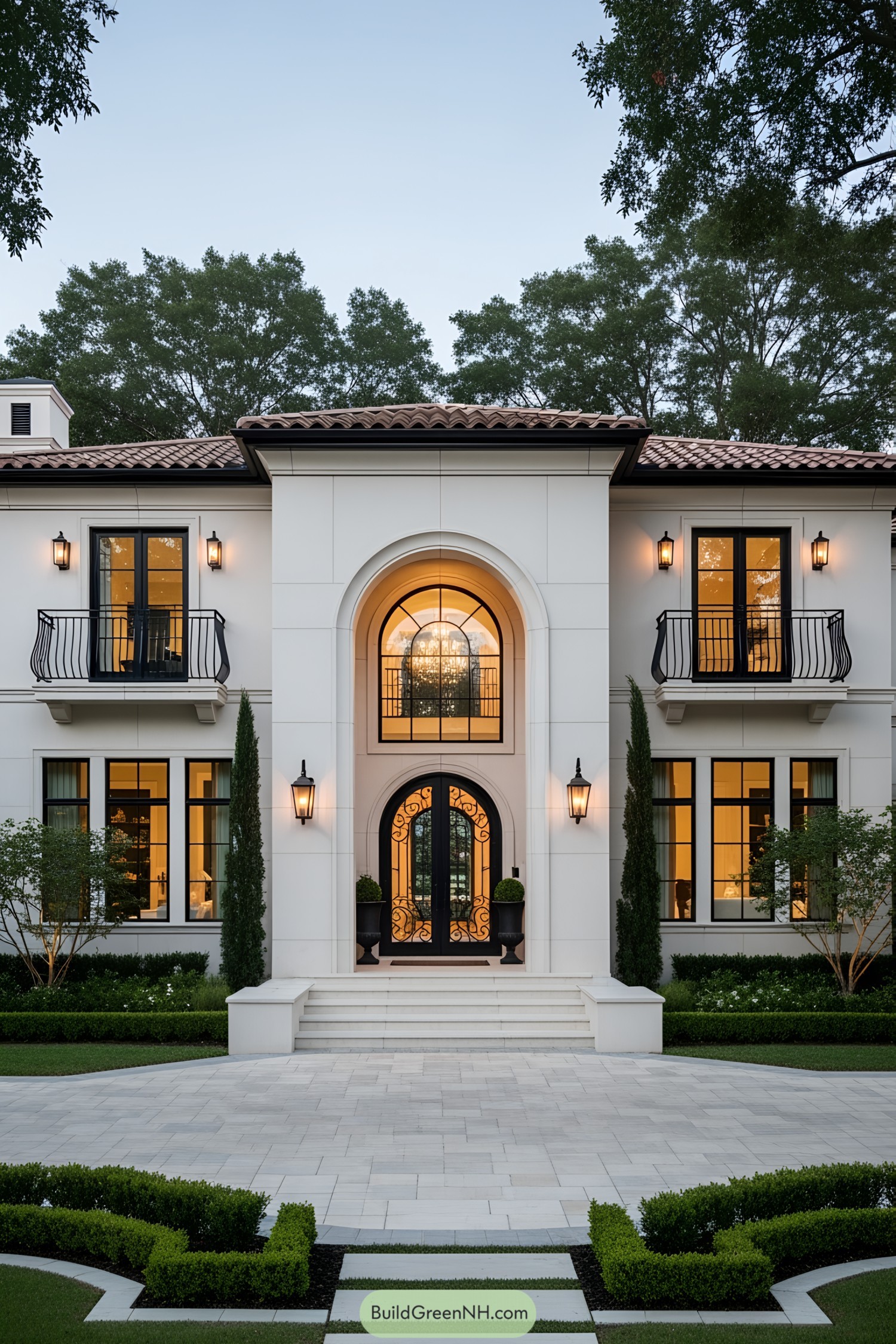 Modern house with arched windows and balconies
