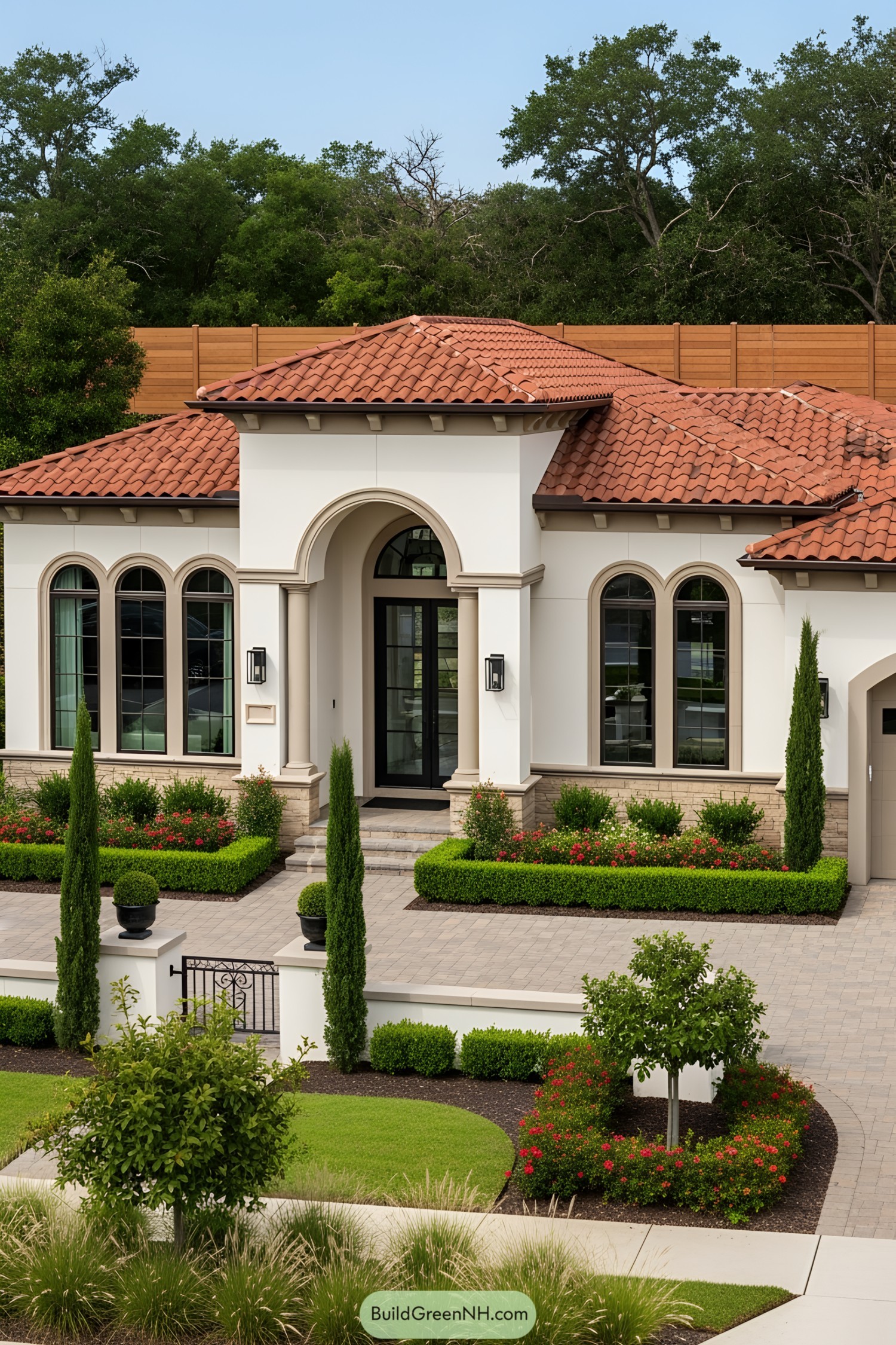 Modern Mediterranean house with red tiled roof and lush garden