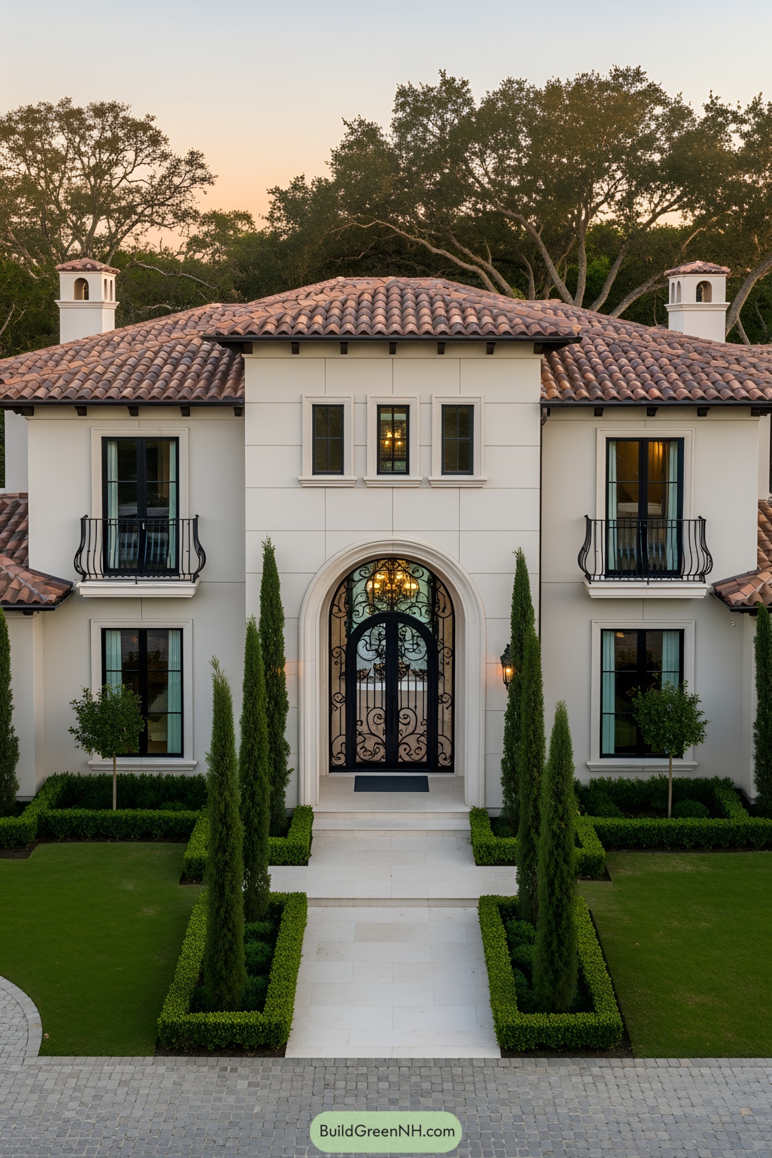 Elegant façade with terracotta roof and lush greenery