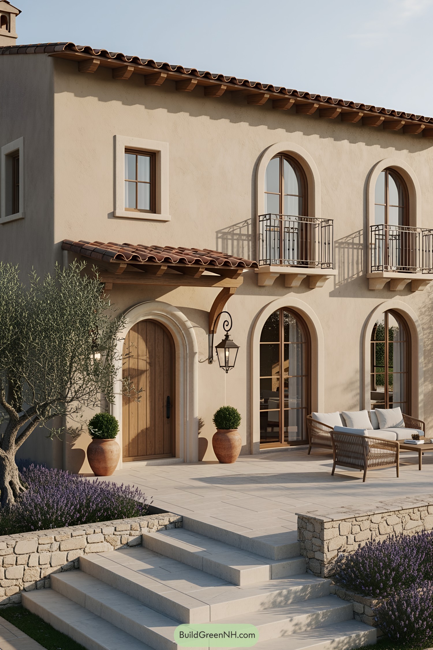 Warm Mediterranean house with arched windows and a cozy patio