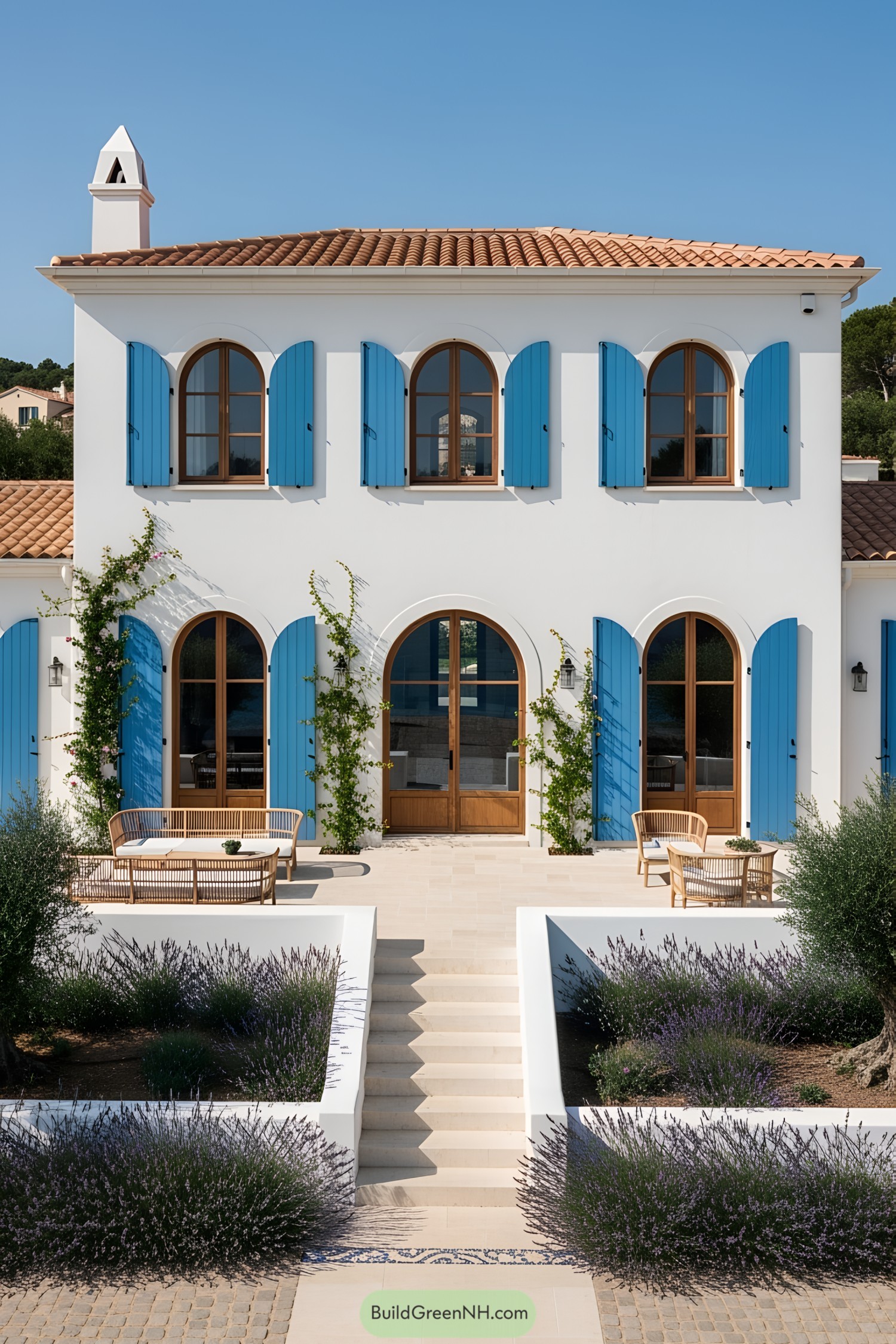 Two-story white house with blue shutters and garden