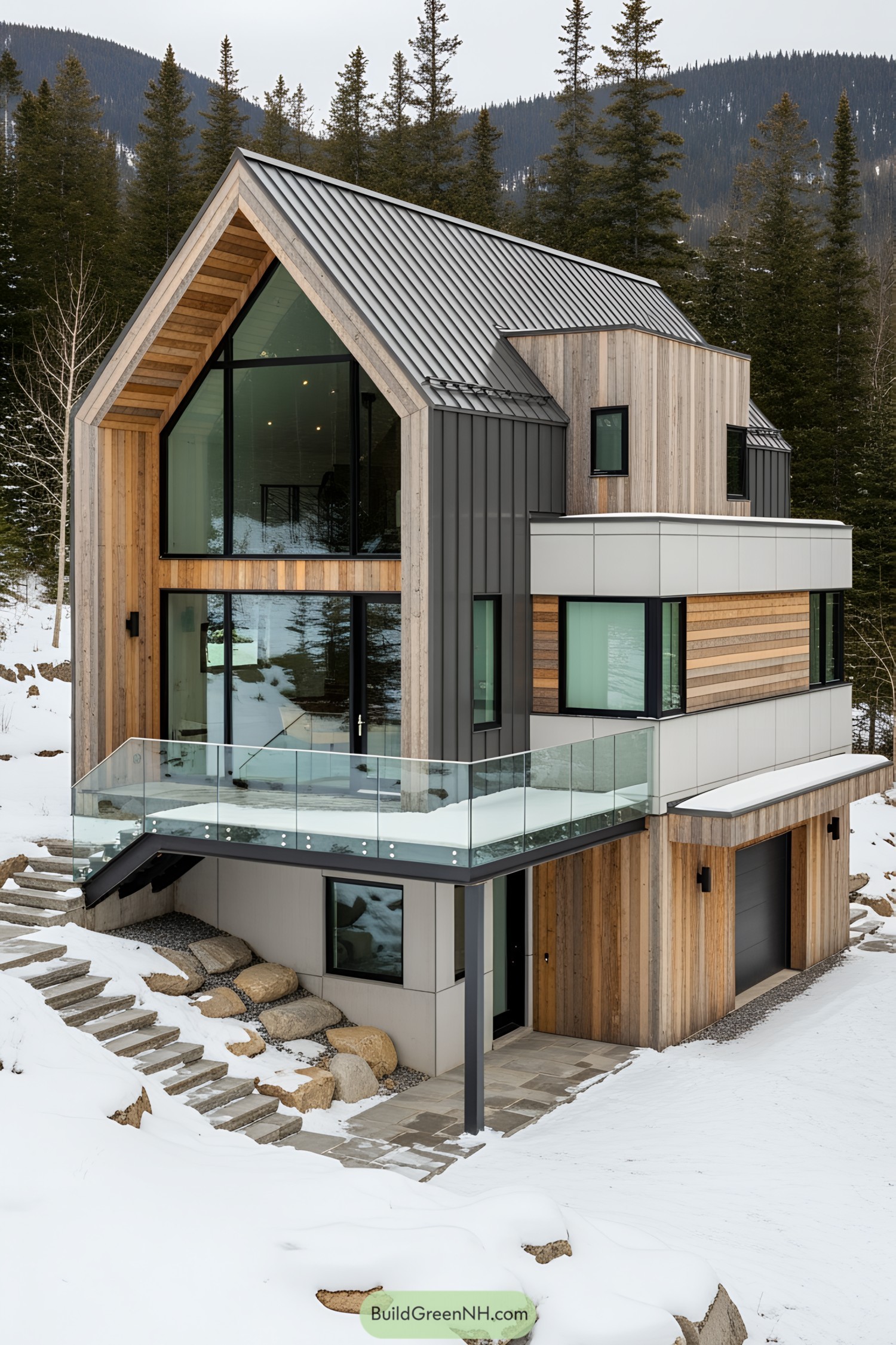 Modern wooden cottage with large windows and a snowy mountain backdrop