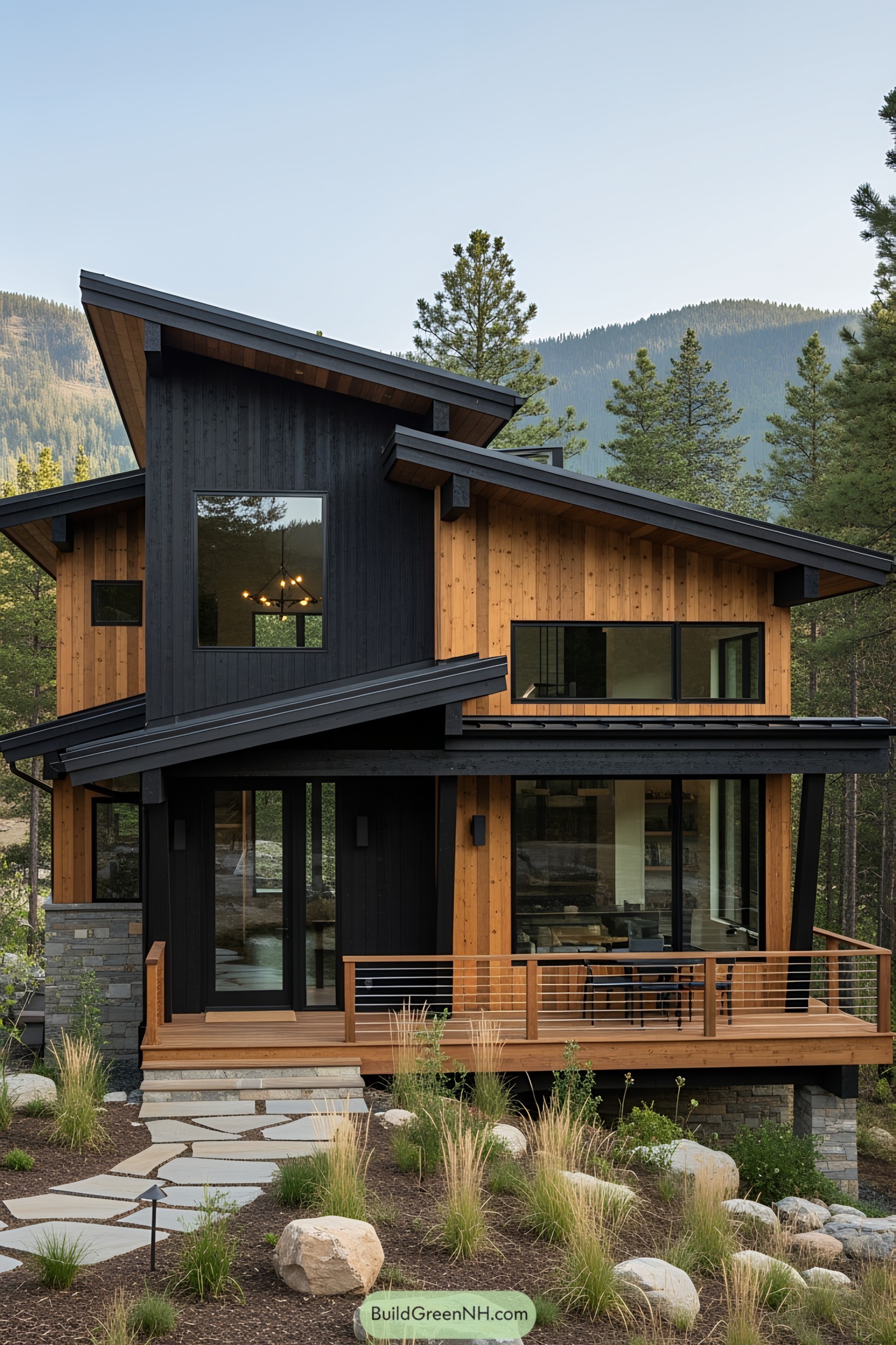 Modern mountain cottage with large windows and natural surroundings