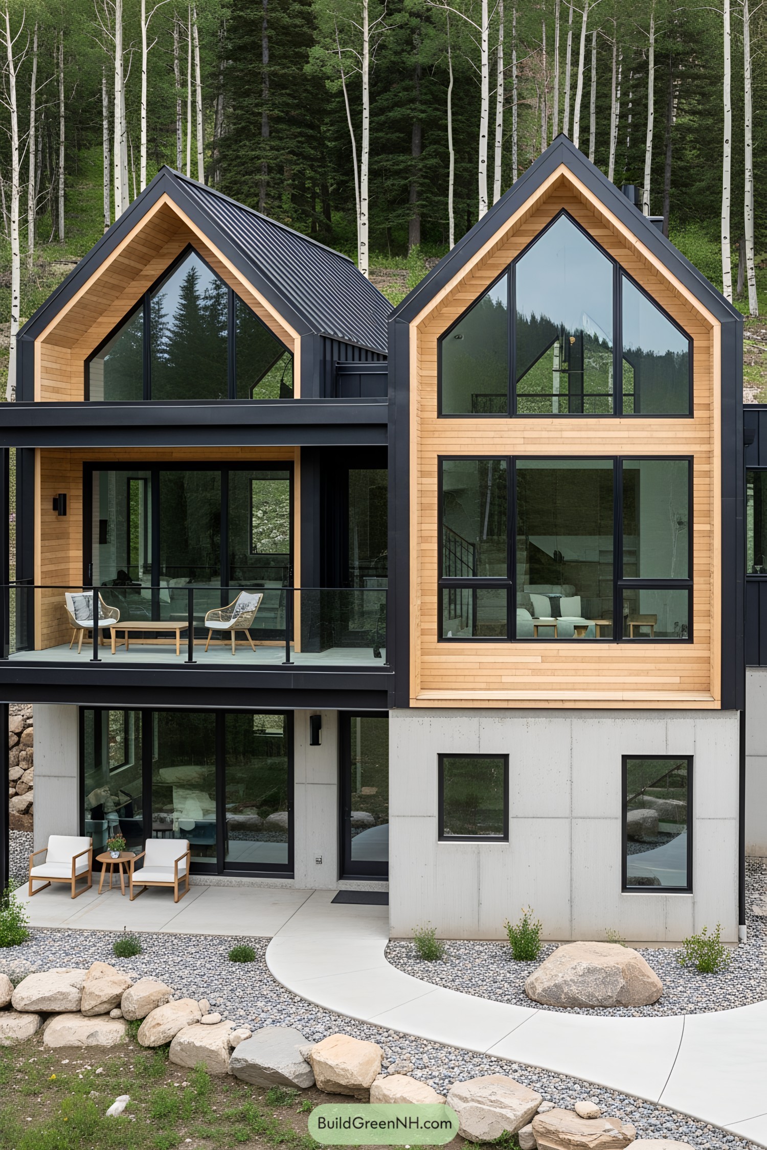 Modern wooden mountain cottage with striking windows