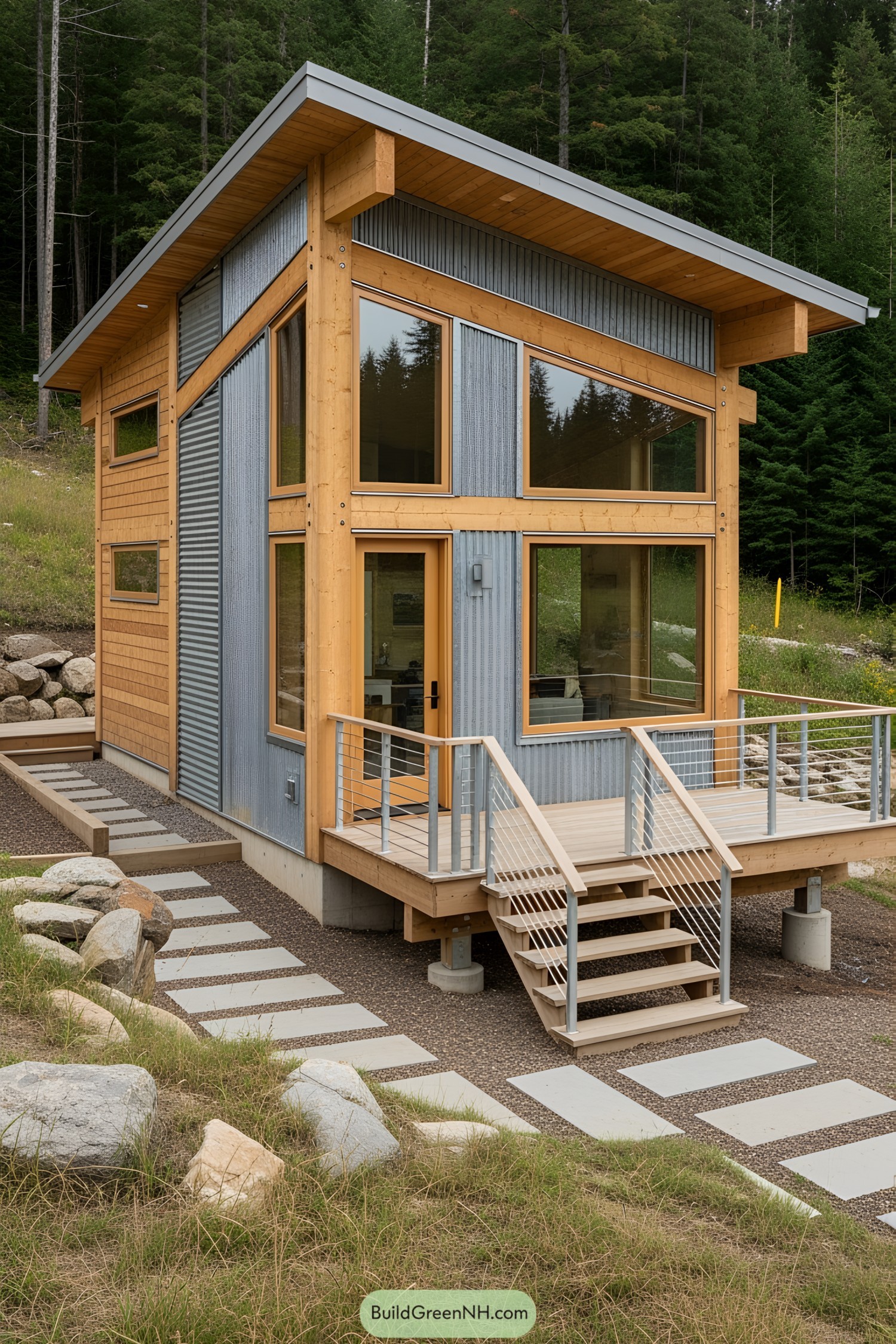 Modern mountain cottage with large windows nestled in a forest setting