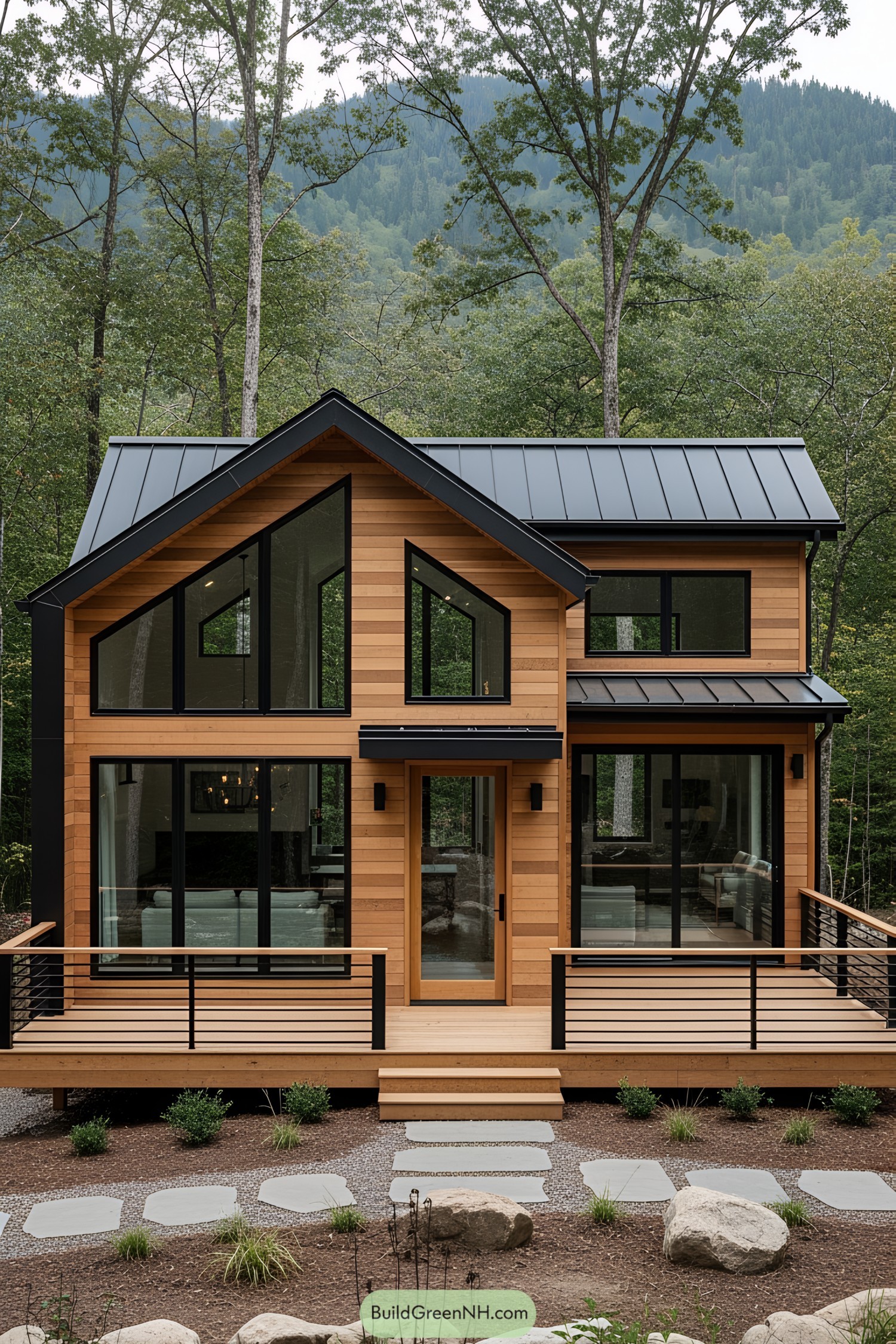 Sleek wooden cottage with glass facade nestled in the woods