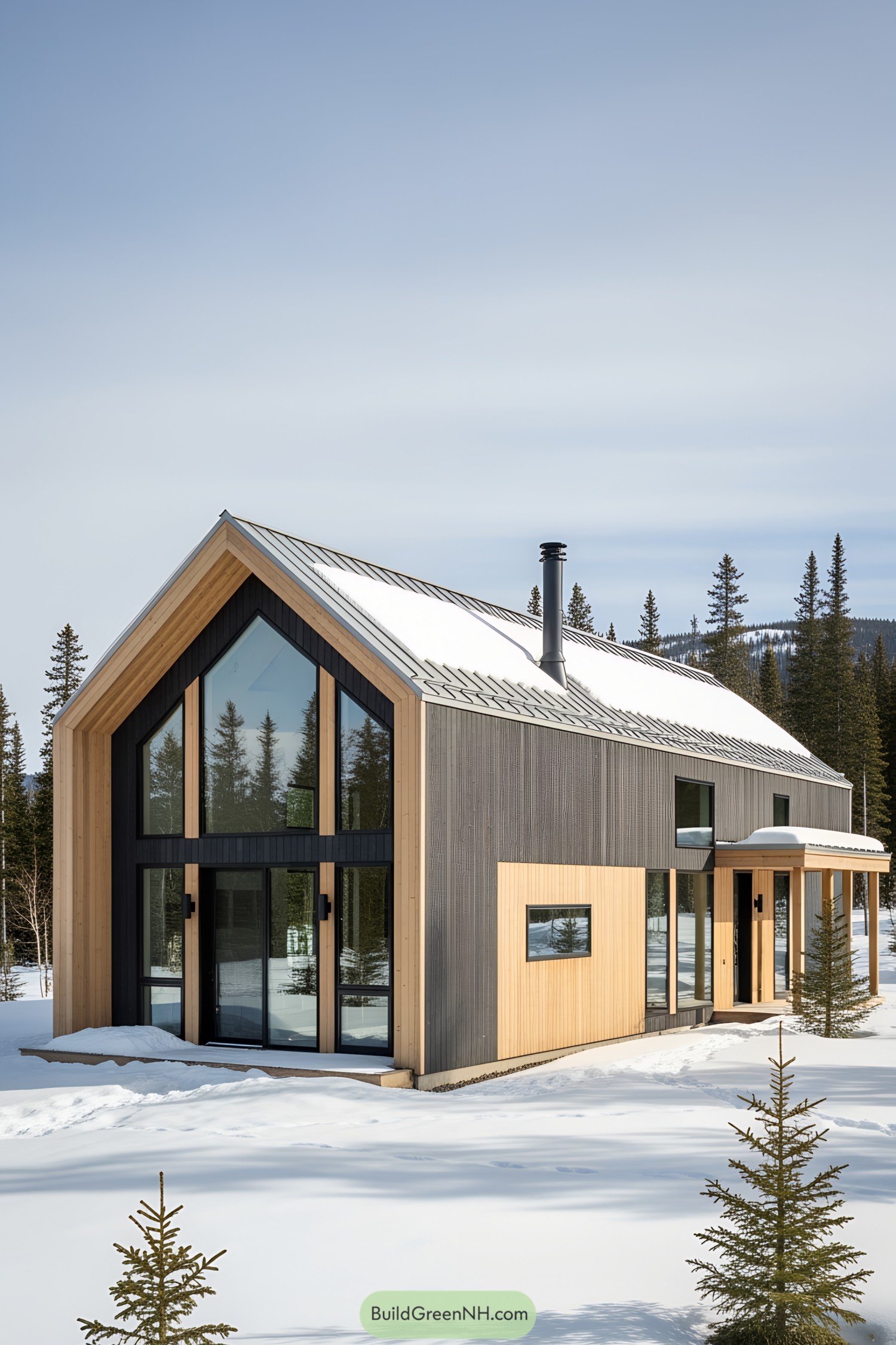 Modern mountain cottage with large windows amidst snow