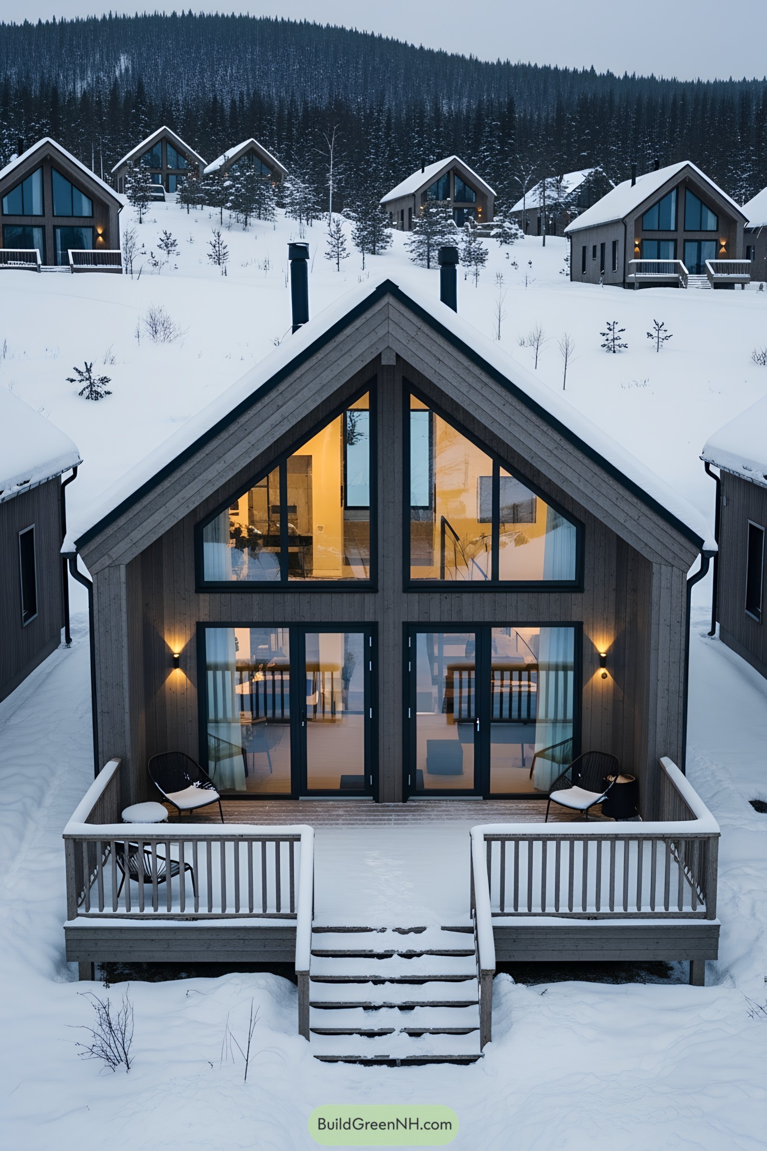 Modern mountain cabin with large windows and snowy surroundings