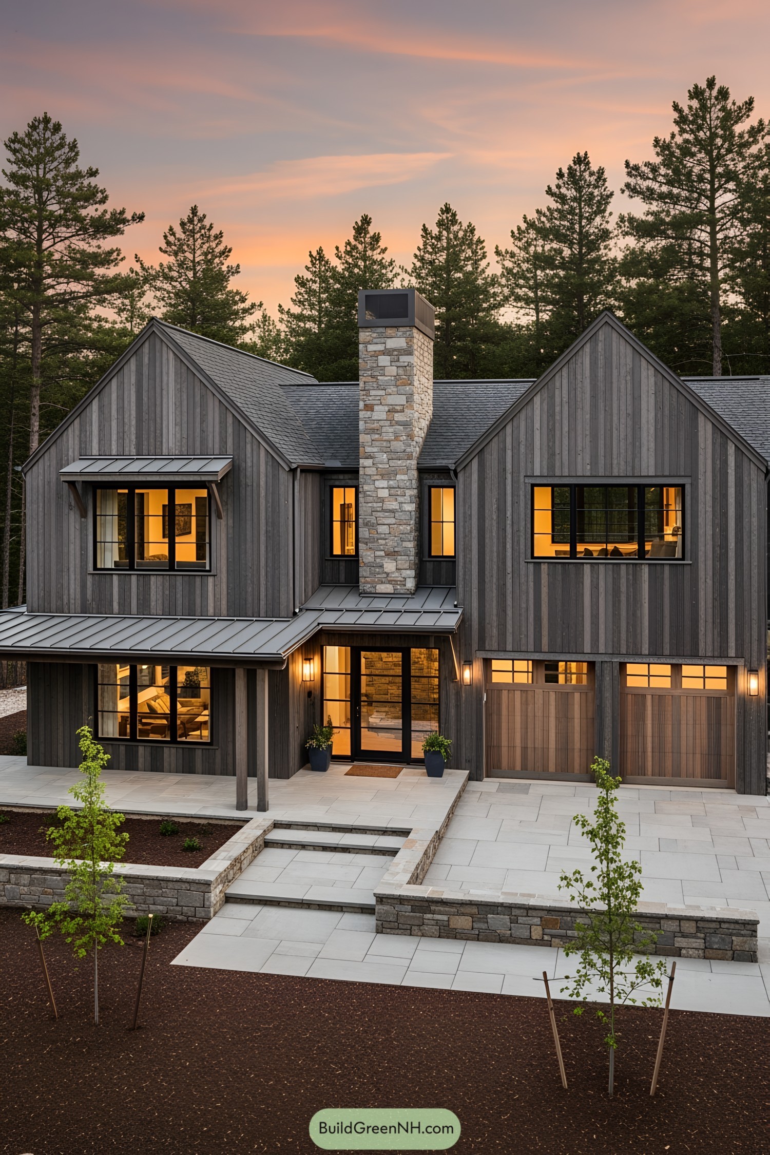Modern mountain cottage with stone chimney and large windows