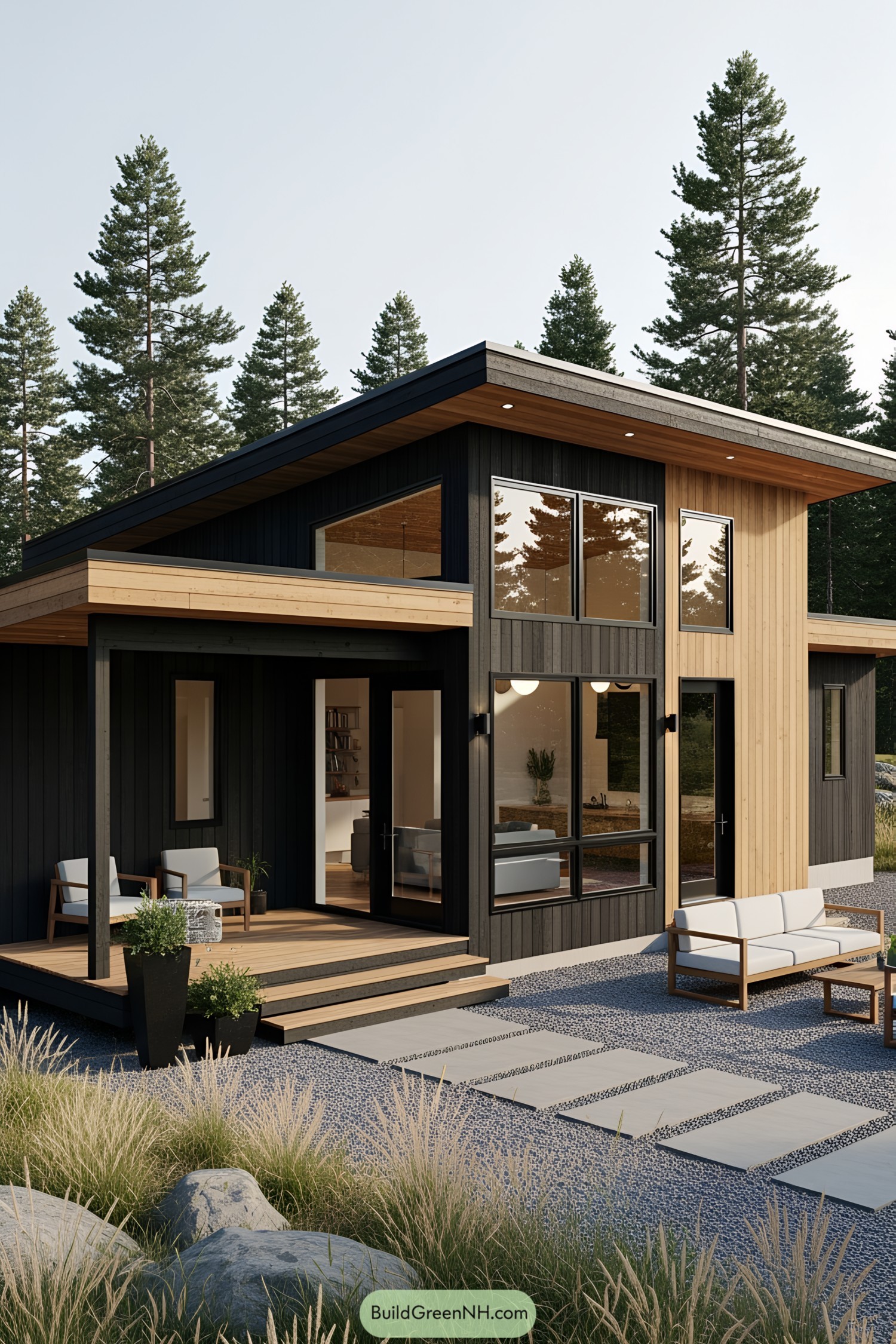 Modern mountain cabin with dark wood accents and large windows