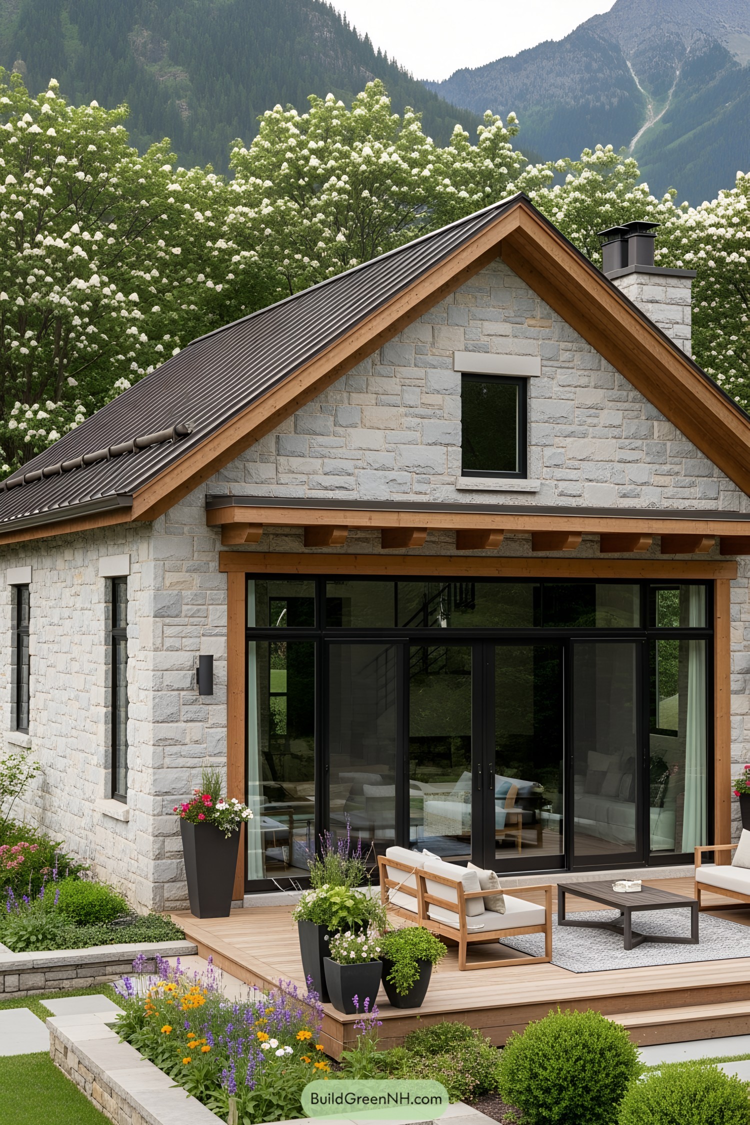 Mountain cottage with a stylish stone façade and a cozy wooden deck