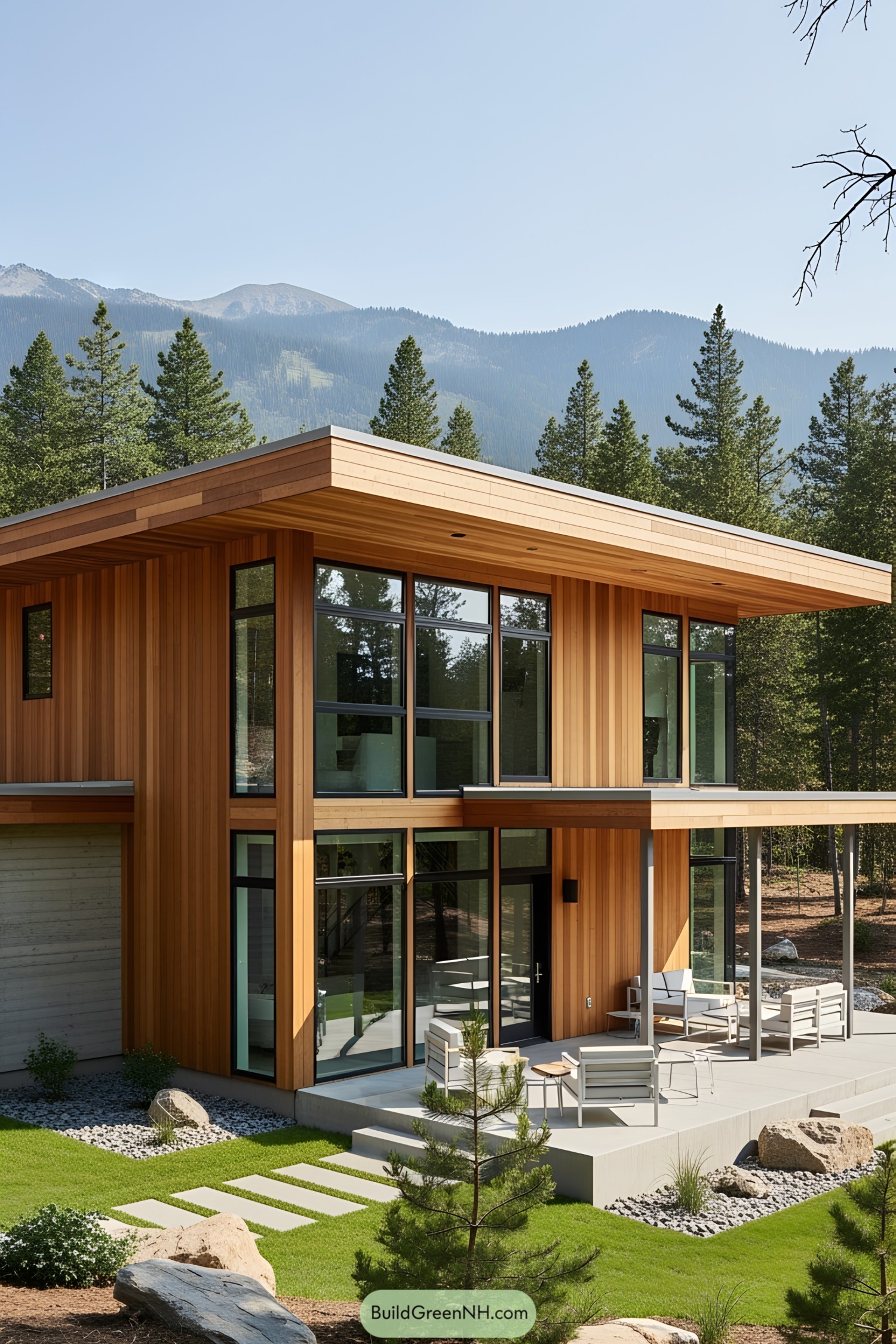 Modern wooden cottage with large windows and outdoor patio, surrounded by trees and mountains
