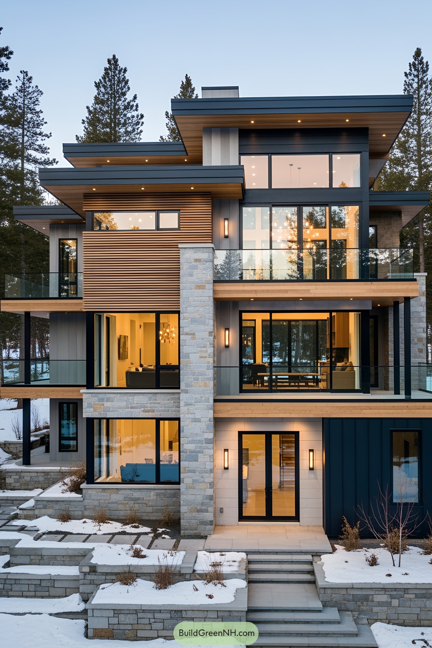 Modern mountain cottage with large windows and wooden accents