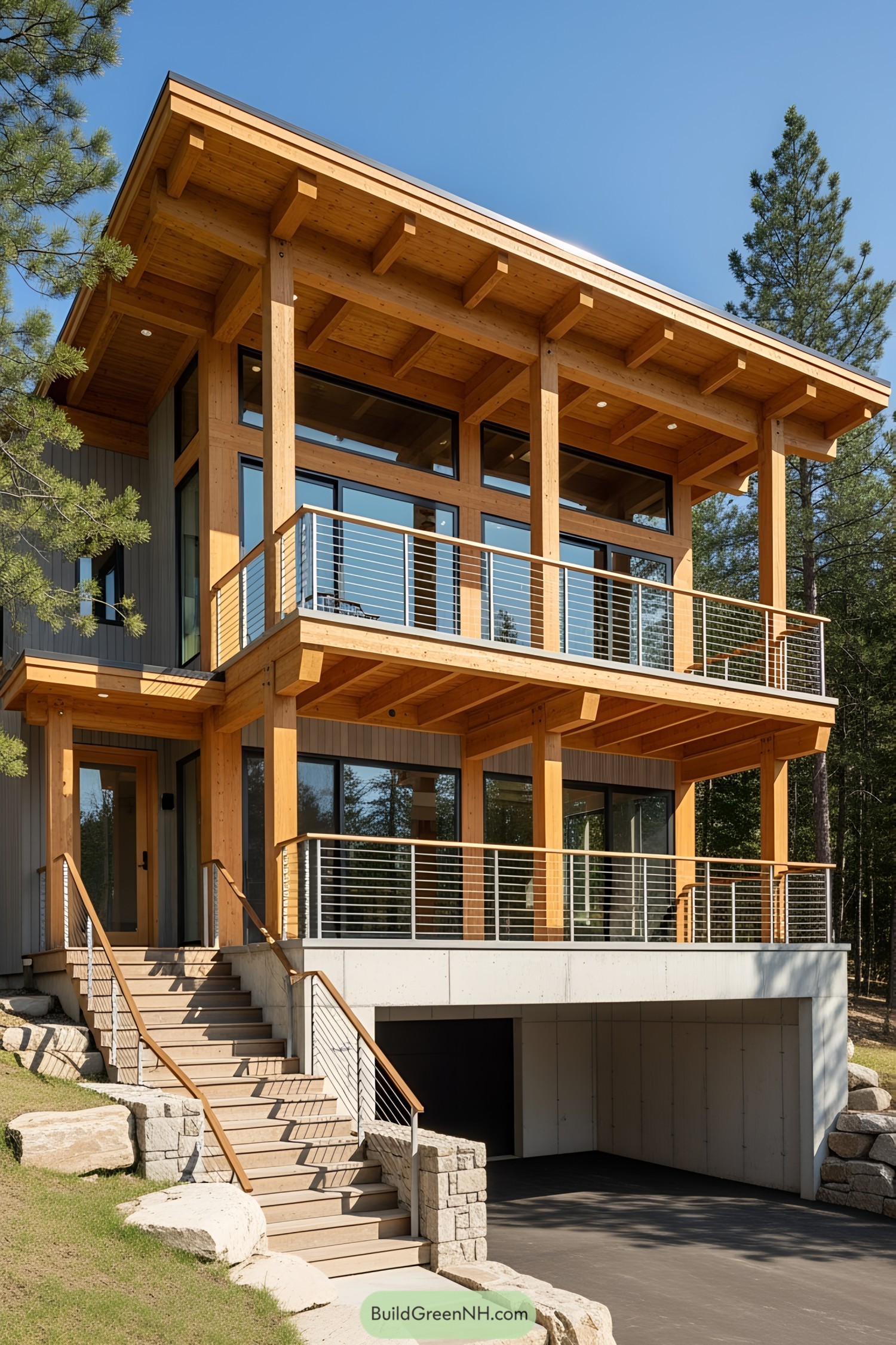 Modern mountain cottage with large windows and wooden beams