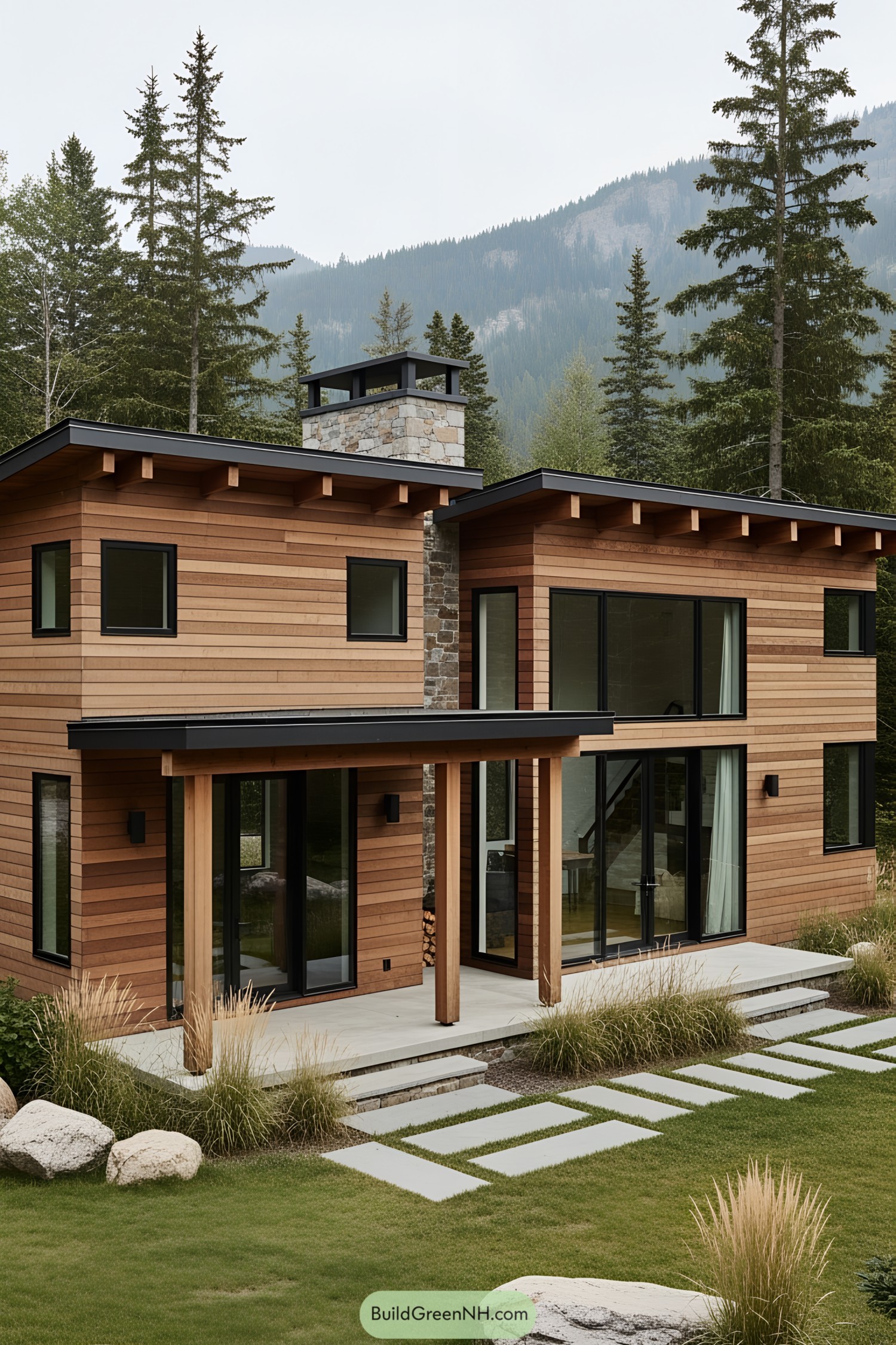 Modern wooden cabin with a mountainous backdrop