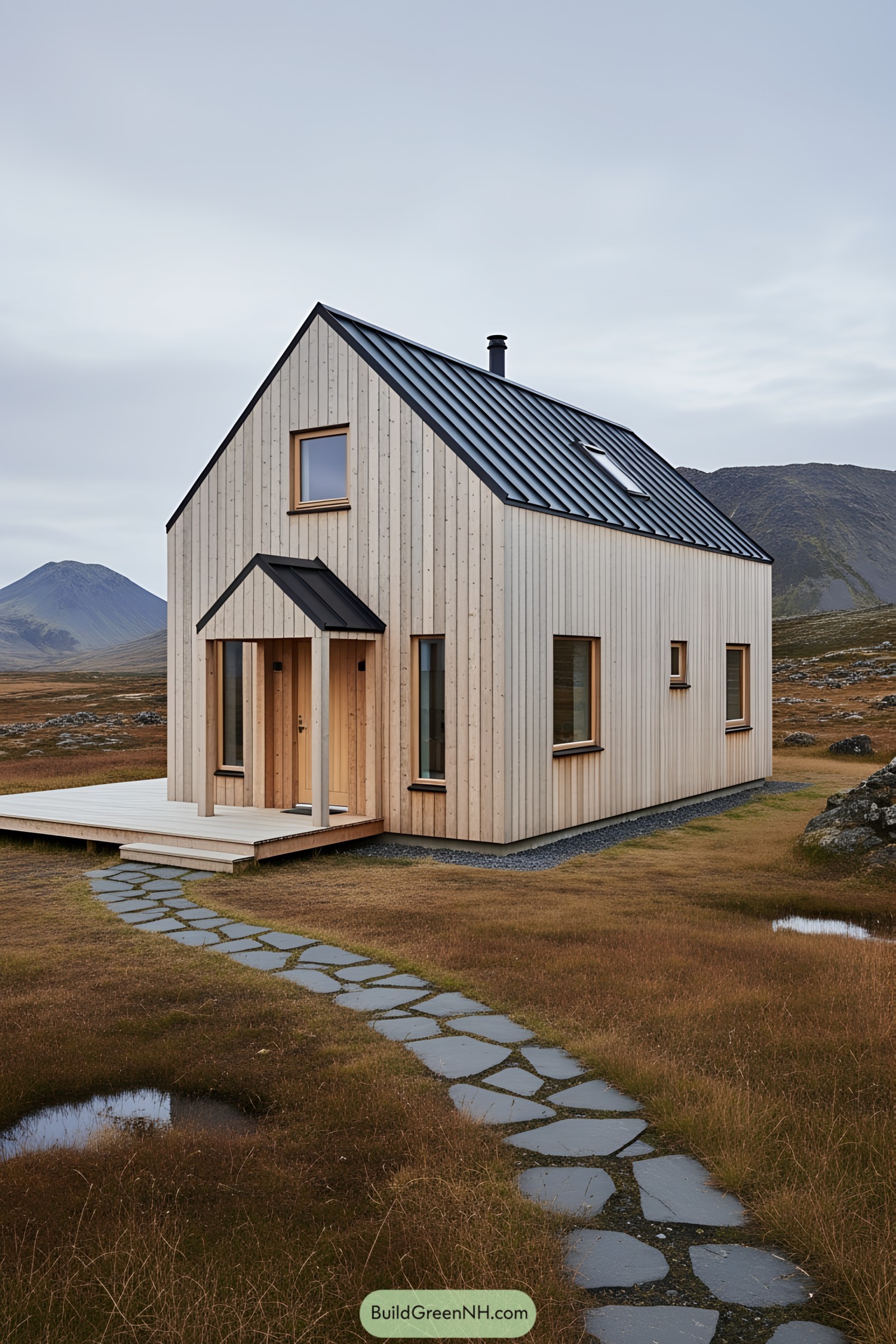 Modern cottage with wooden facade in Icelandic landscape
