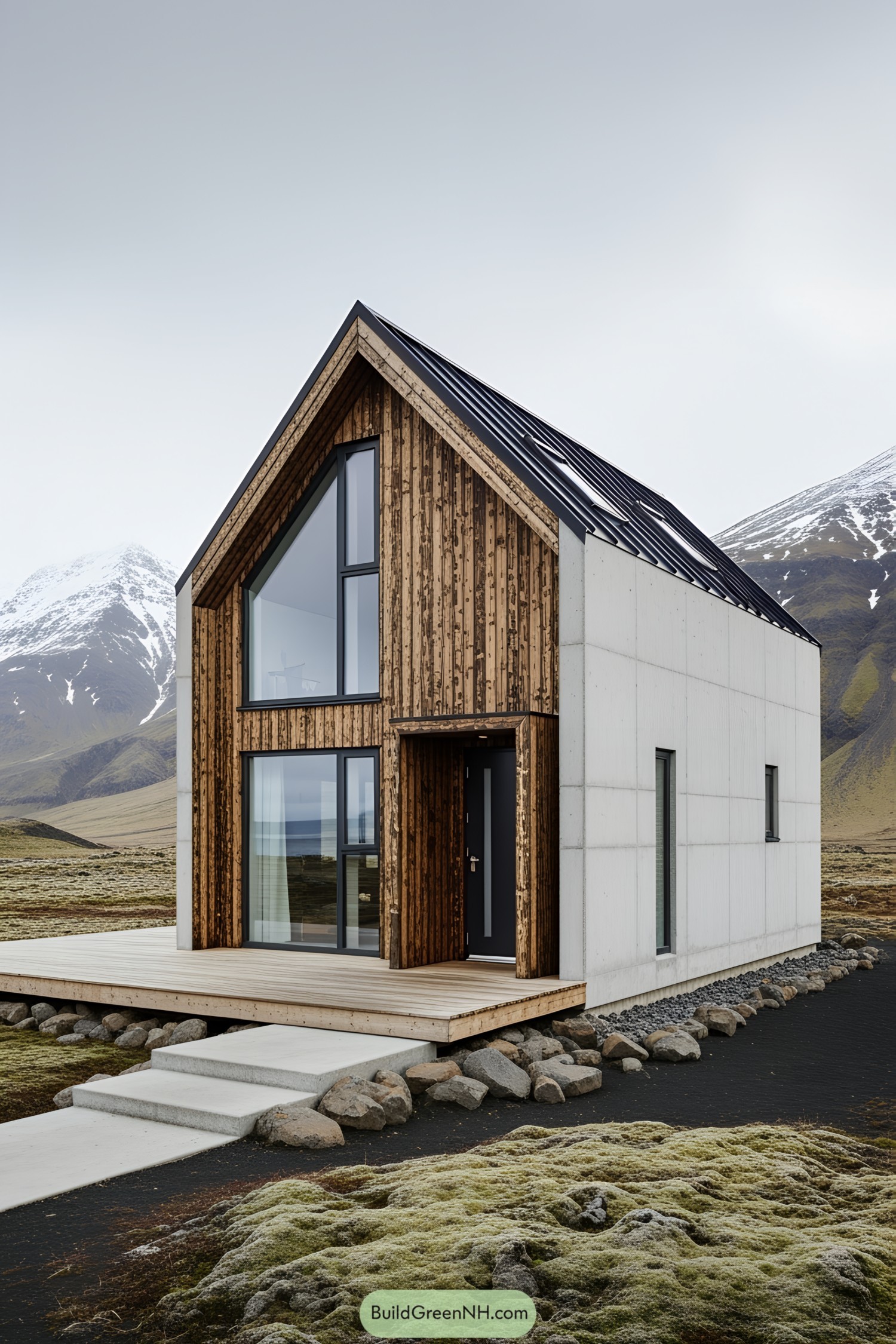 A modern cabin amidst Iceland's rugged mountains