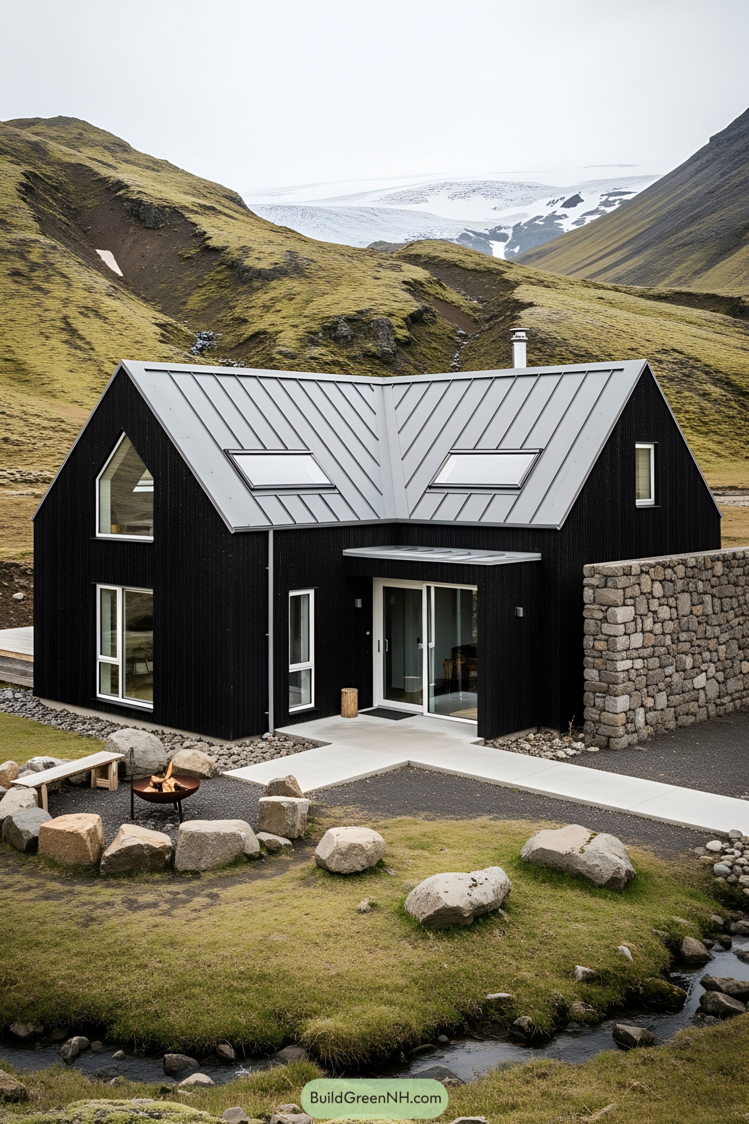 Modern black mountain cottage amidst grassy hills