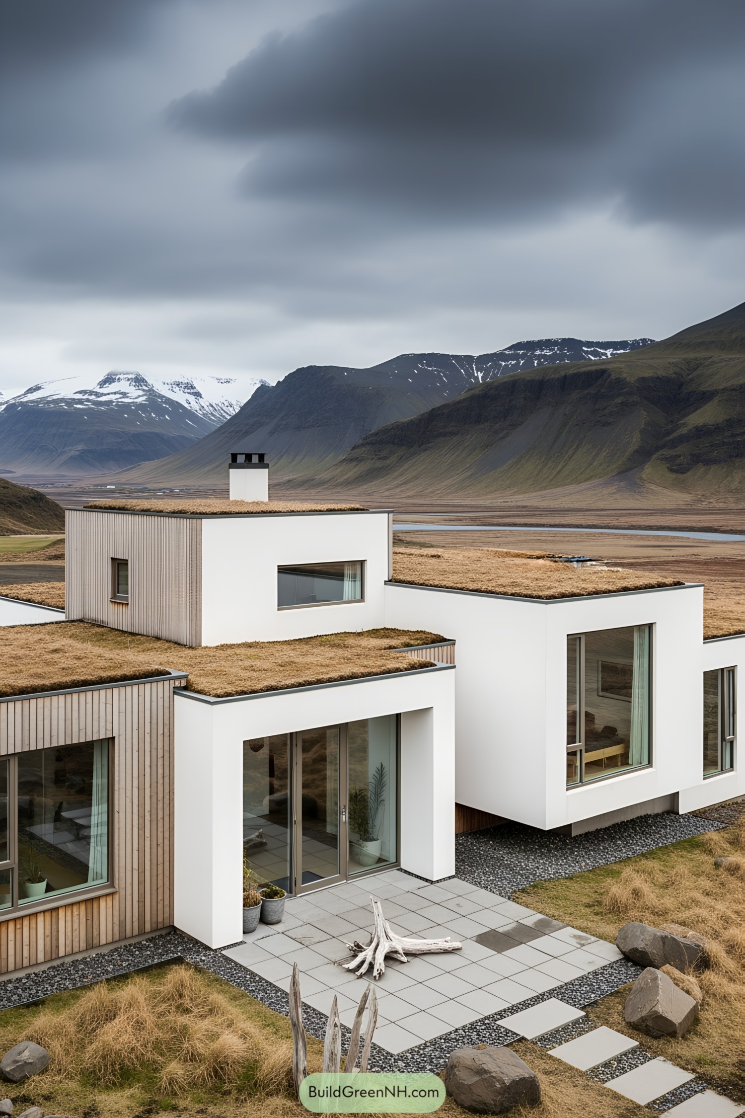 Contemporary cottage with grass roof amidst Icelandic mountains