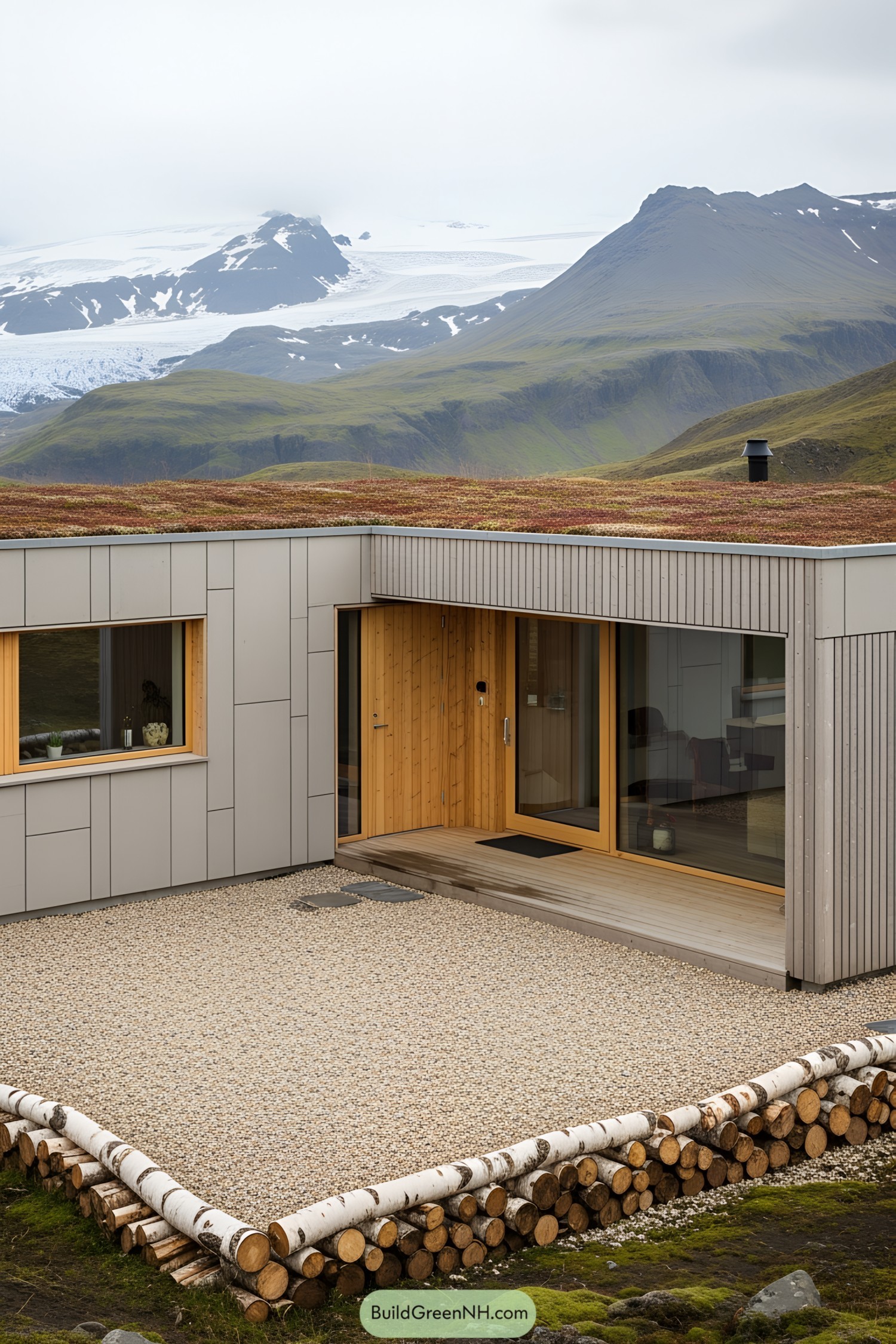 A modern cottage with a gravel courtyard and mountain backdrop