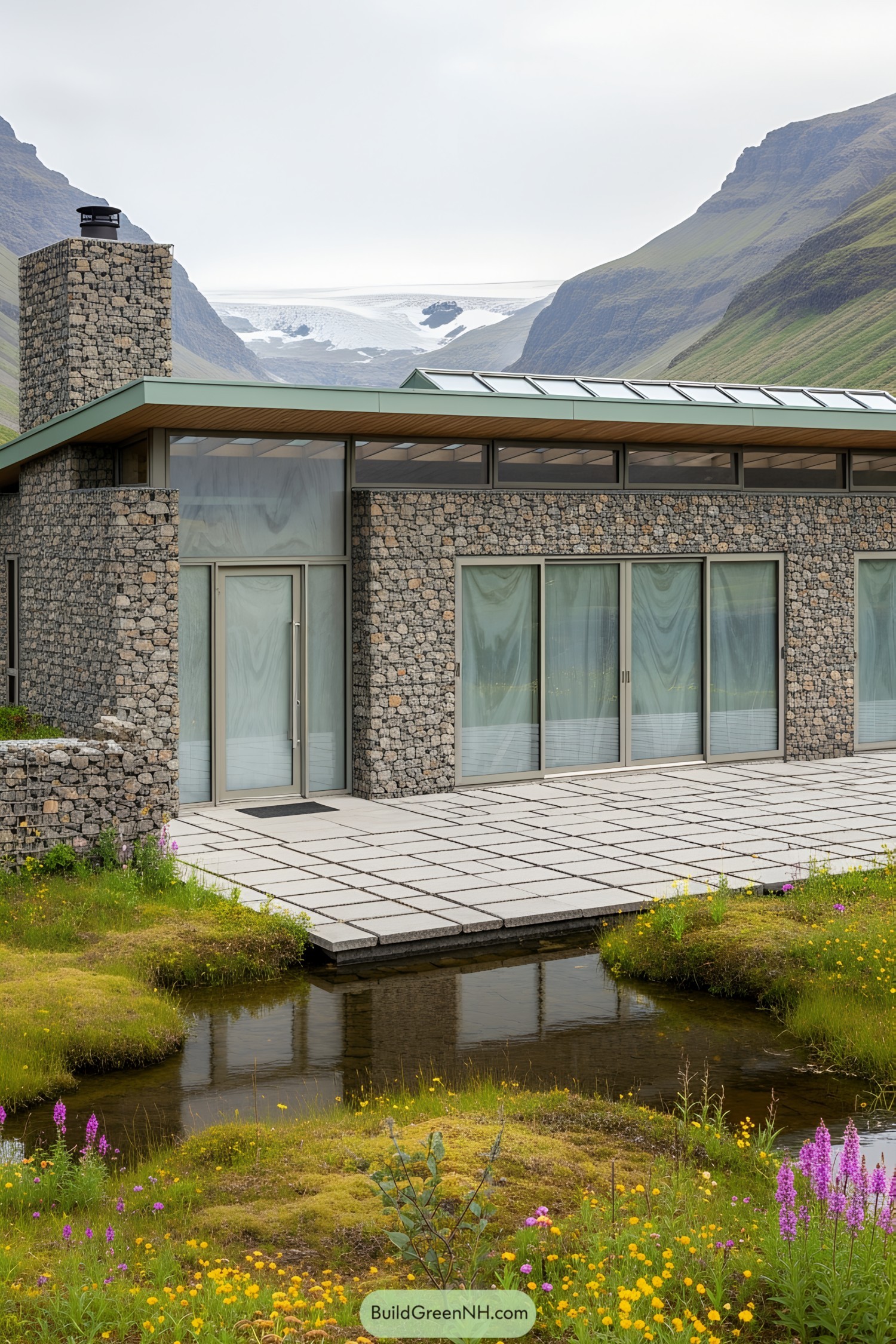 A modern stone house with a scenic mountain backdrop