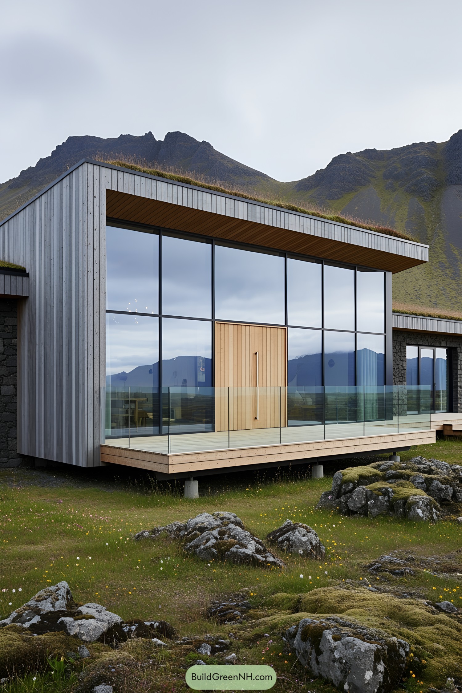 Contemporary cottage with glass facade in front of Icelandic mountains