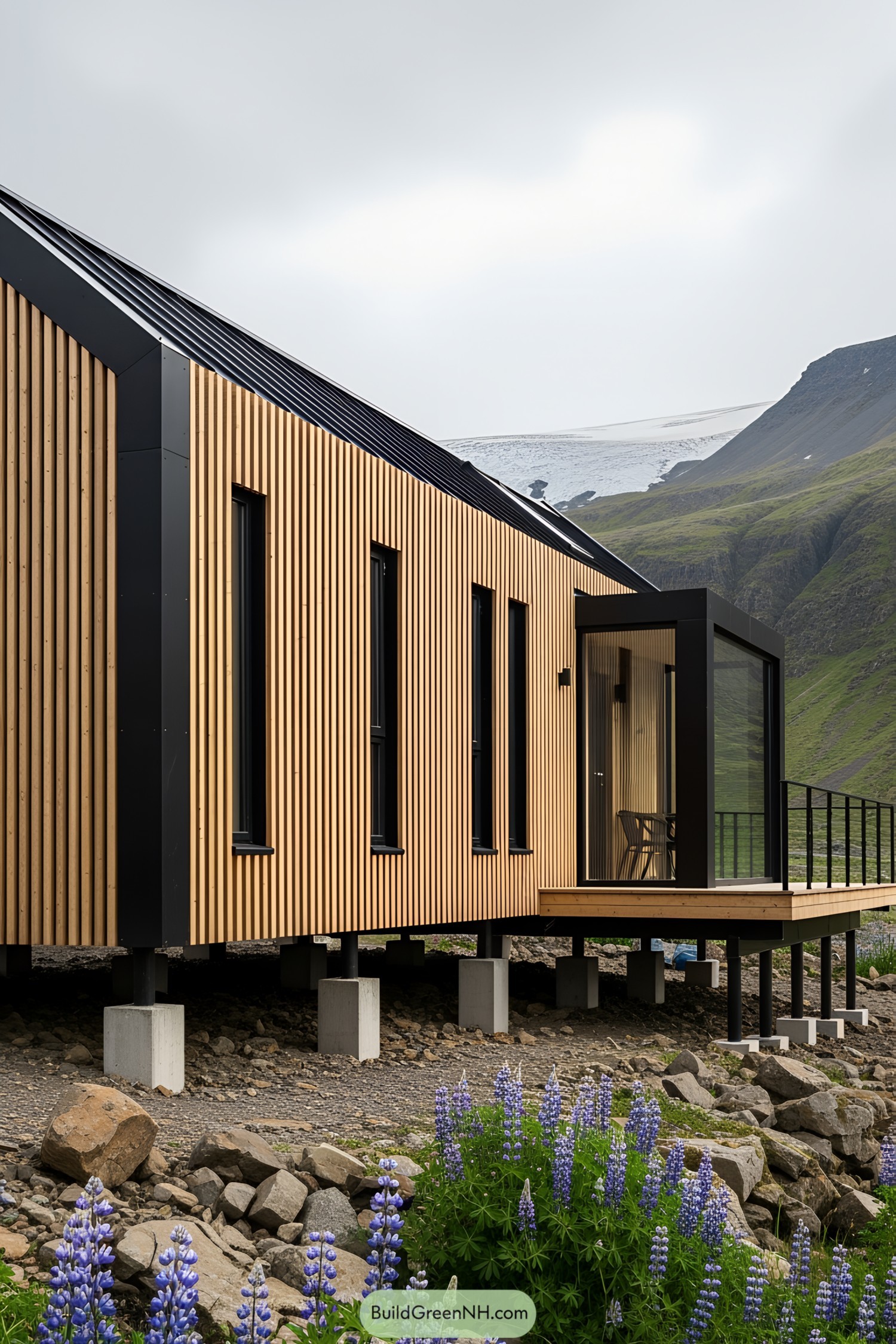 Modern cottage with wooden slats and glass in Icelandic mountains