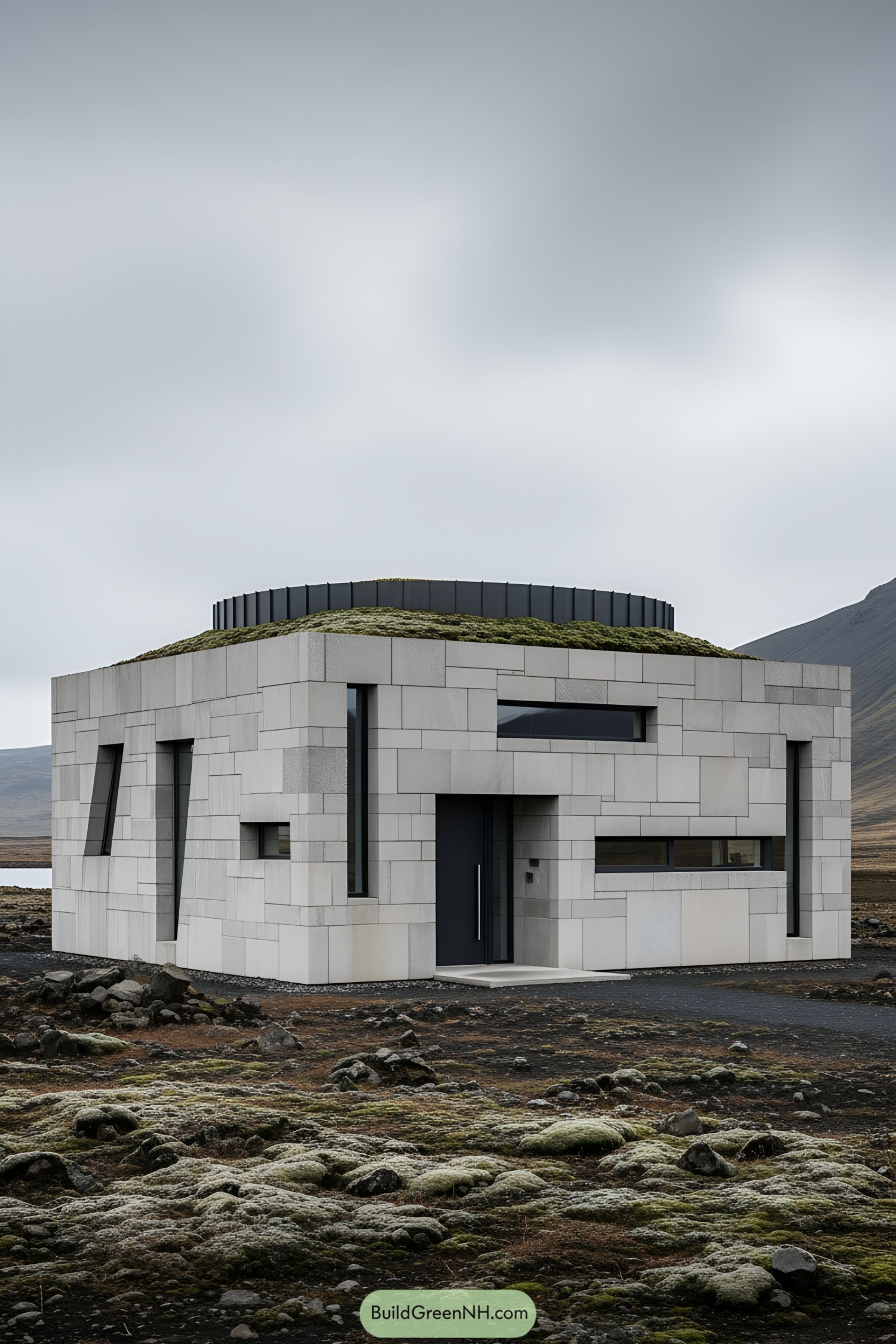 Modern cube-shaped house with a green roof in an Icelandic landscape