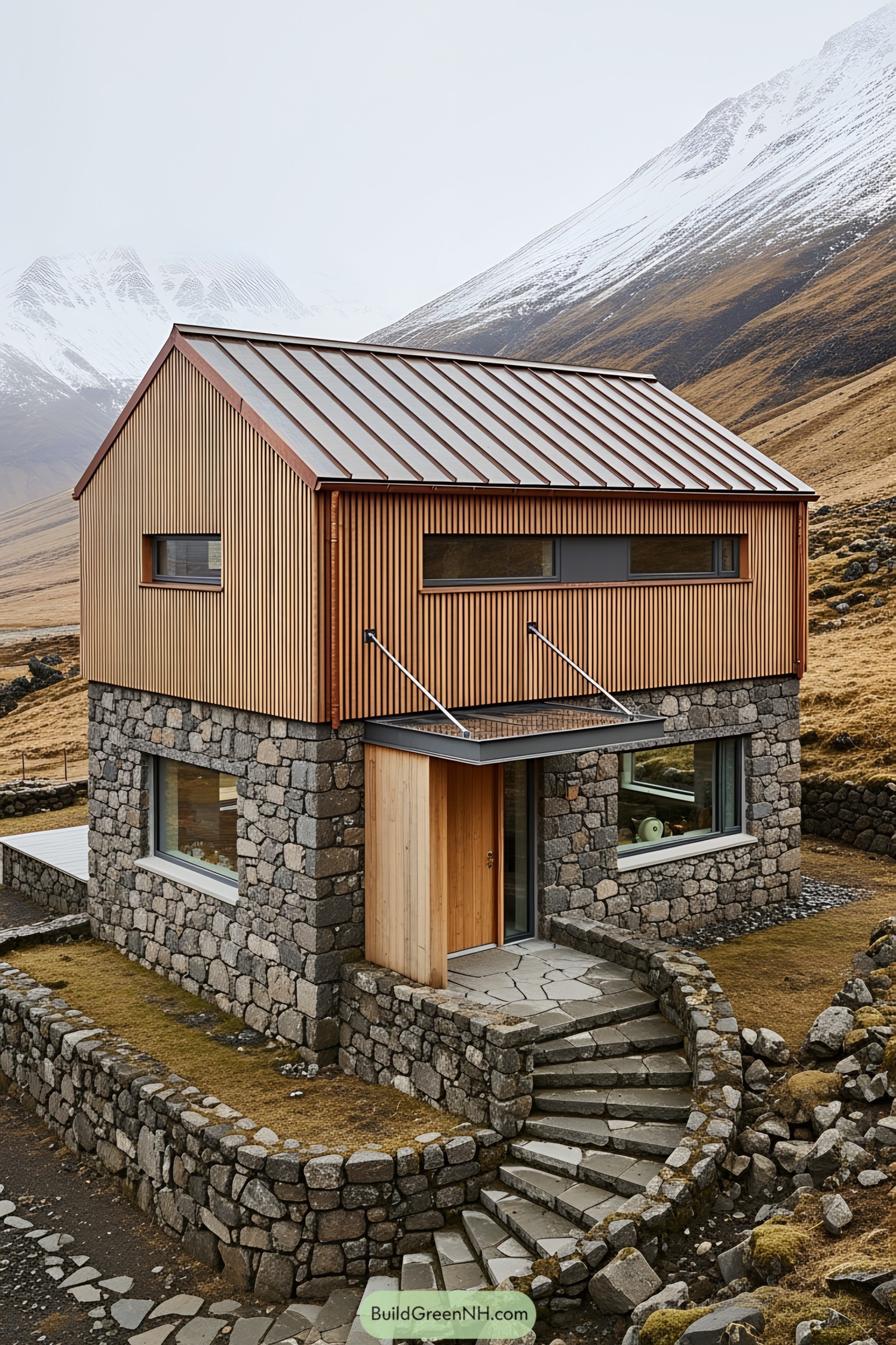 Contemporary stone and wood cottage against snow-dusted hills