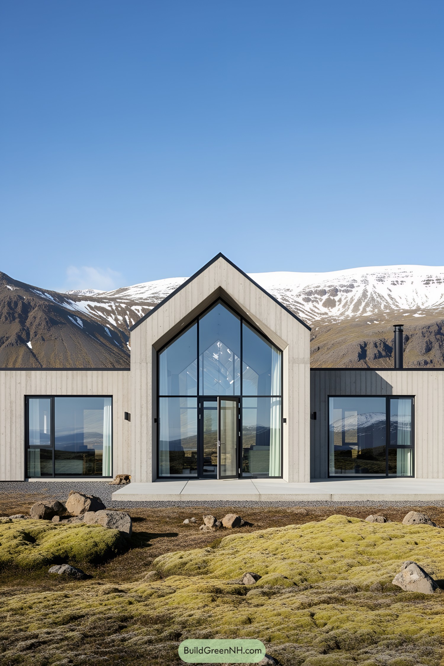Modern mountain cottage with large glass windows and a backdrop of Icelandic mountains
